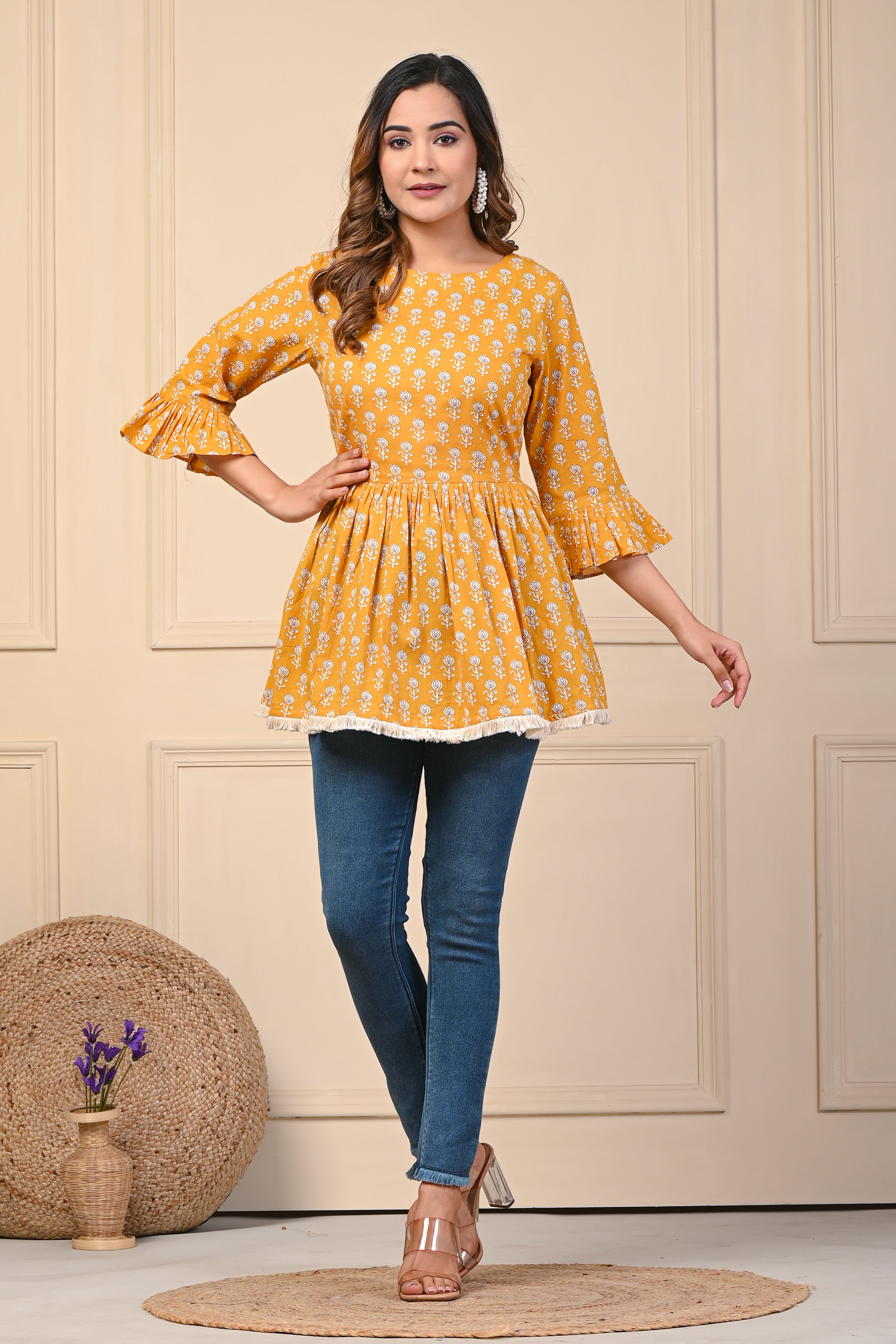 Cotton Mustard White Motif Short Kurti
