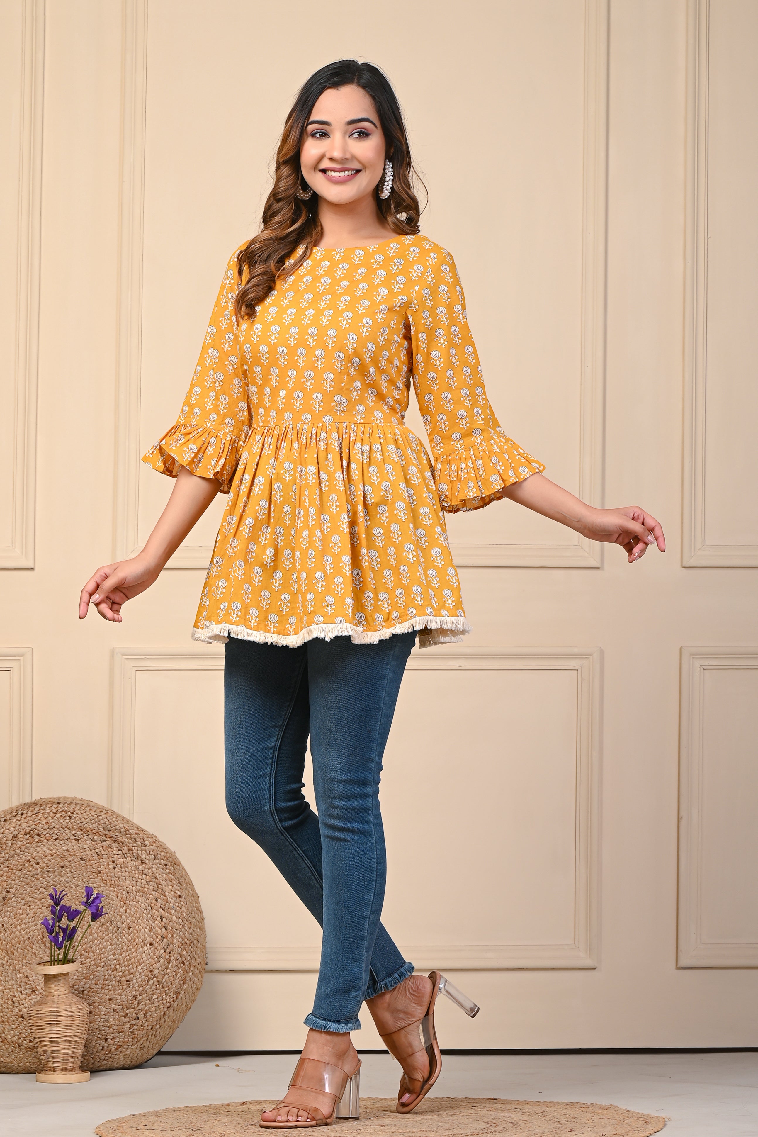 Cotton Mustard White Motif Short Kurti