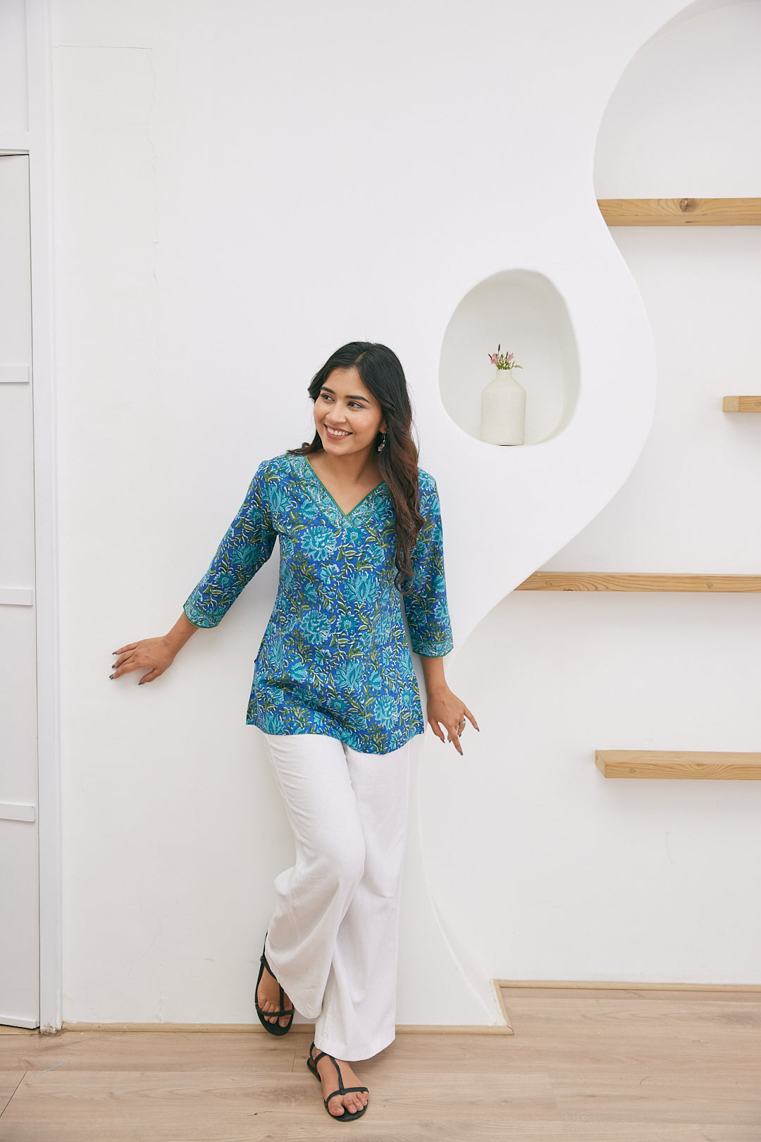 Cotton Short Kurti-Olive Green Floral Motif