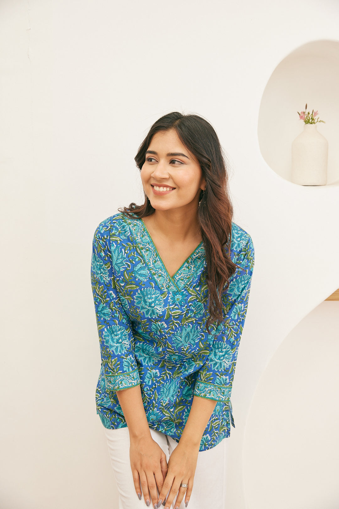 Cotton Short Kurti-Olive Green Floral Motif