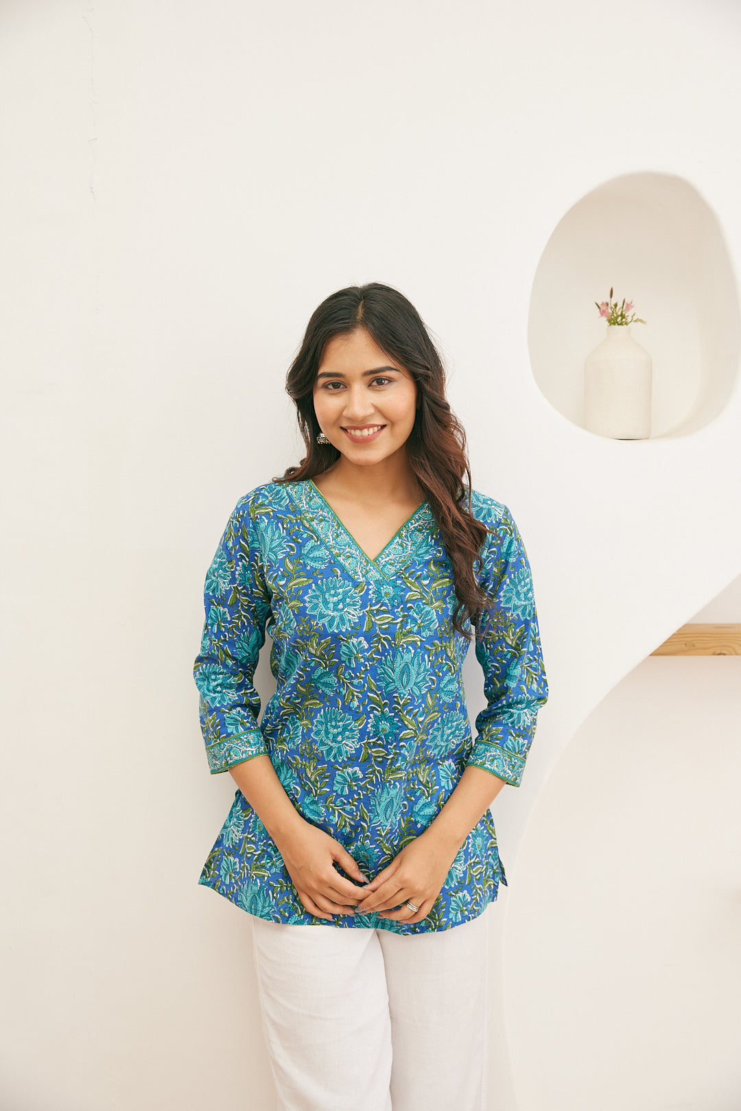 Cotton Short Kurti-Olive Green Floral Motif