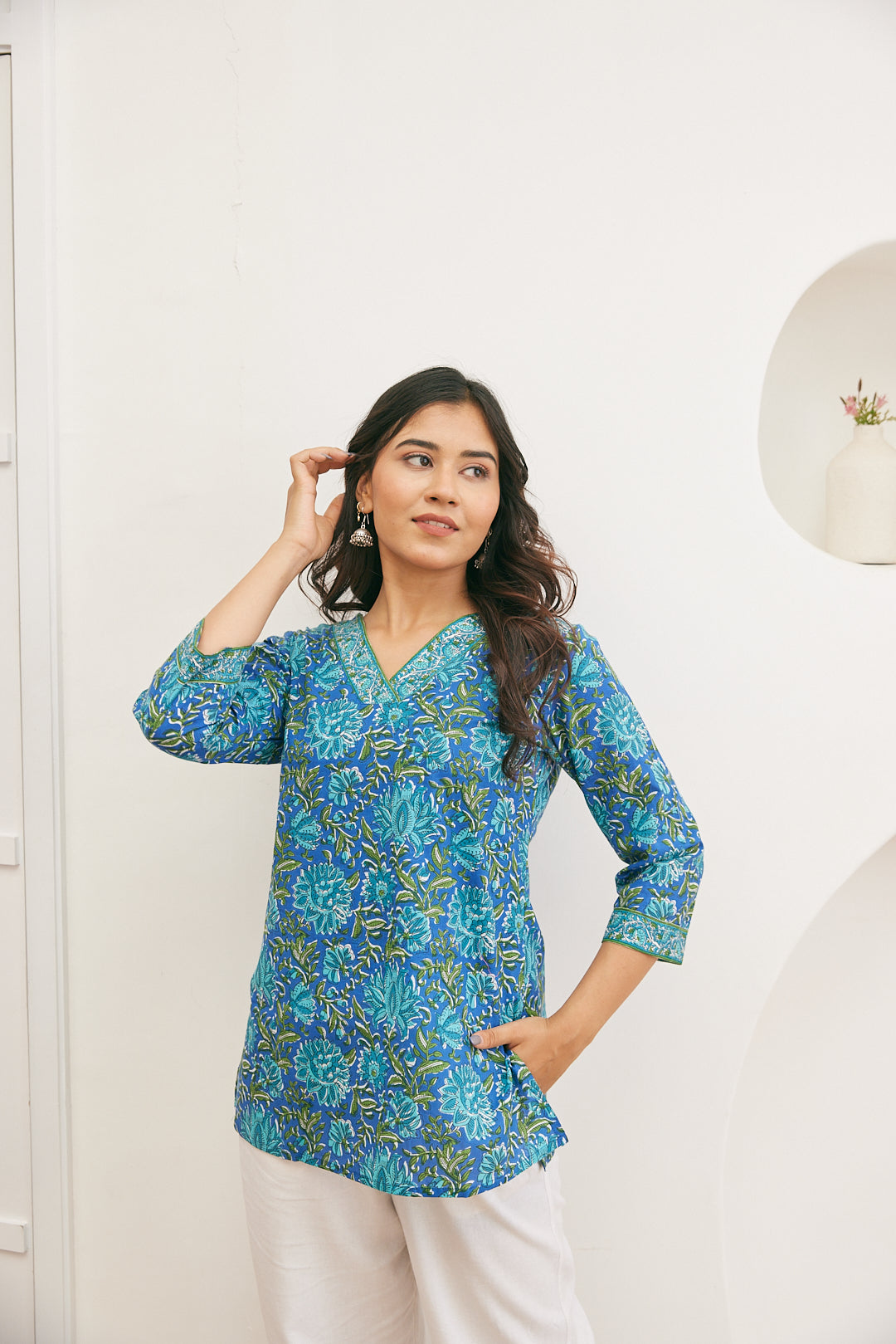 Cotton Short Kurti-Olive Green Floral Motif