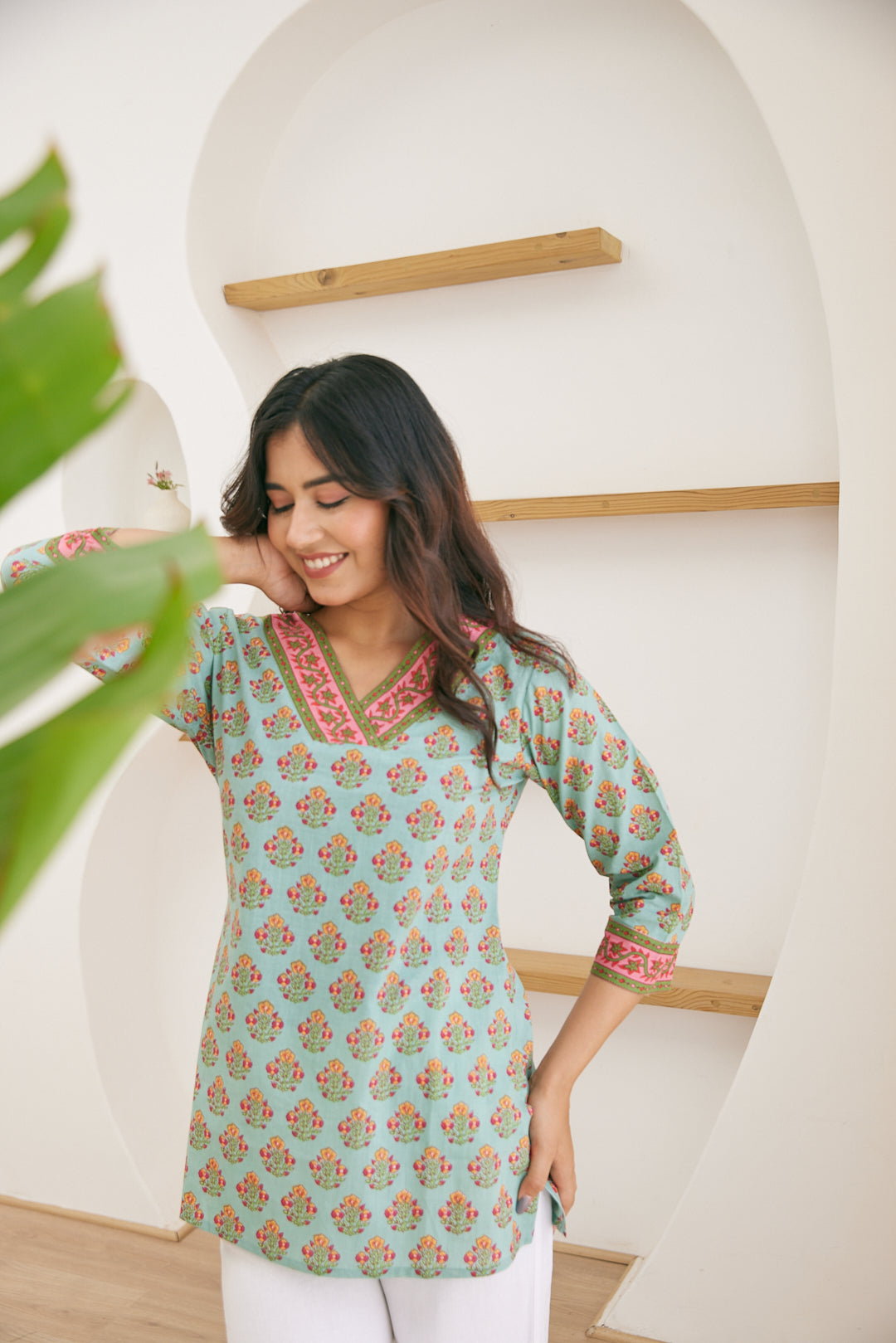 Sea Green Floral Booti Short Kurti