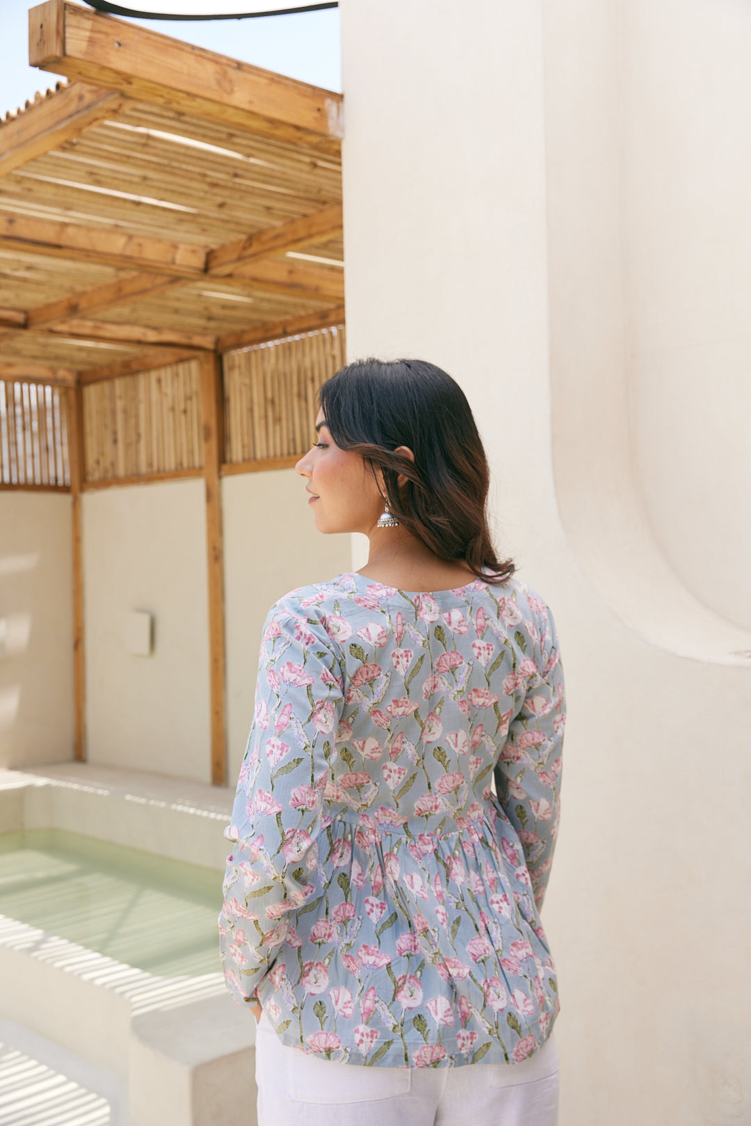 Cotton Grey-Pink Floral Short Kurti