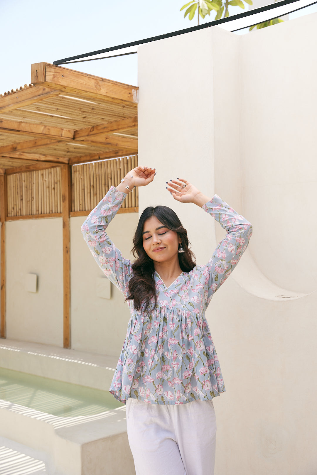 Cotton Grey-Pink Floral Short Kurti