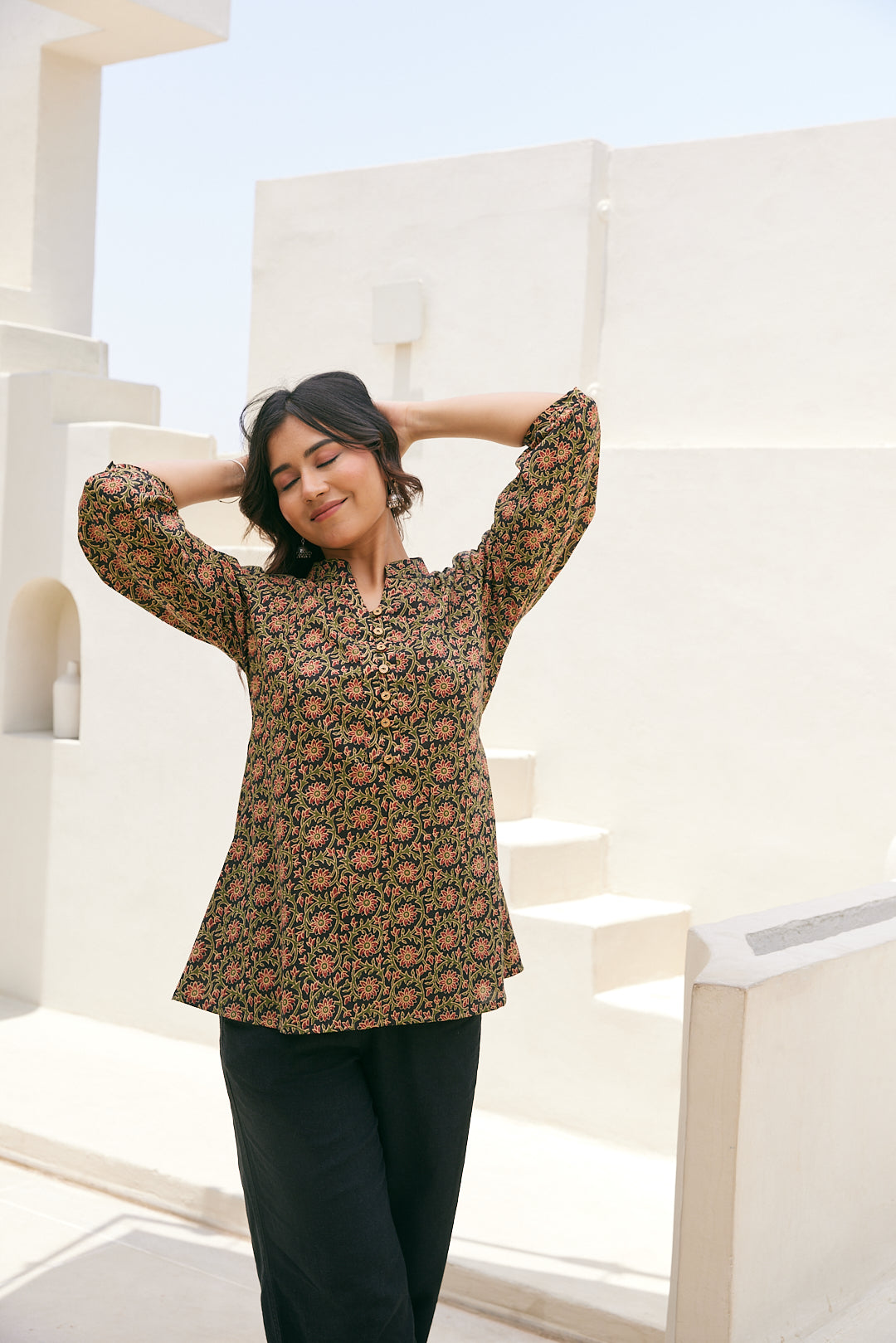 Cotton Black-Green Floral Short Kurti