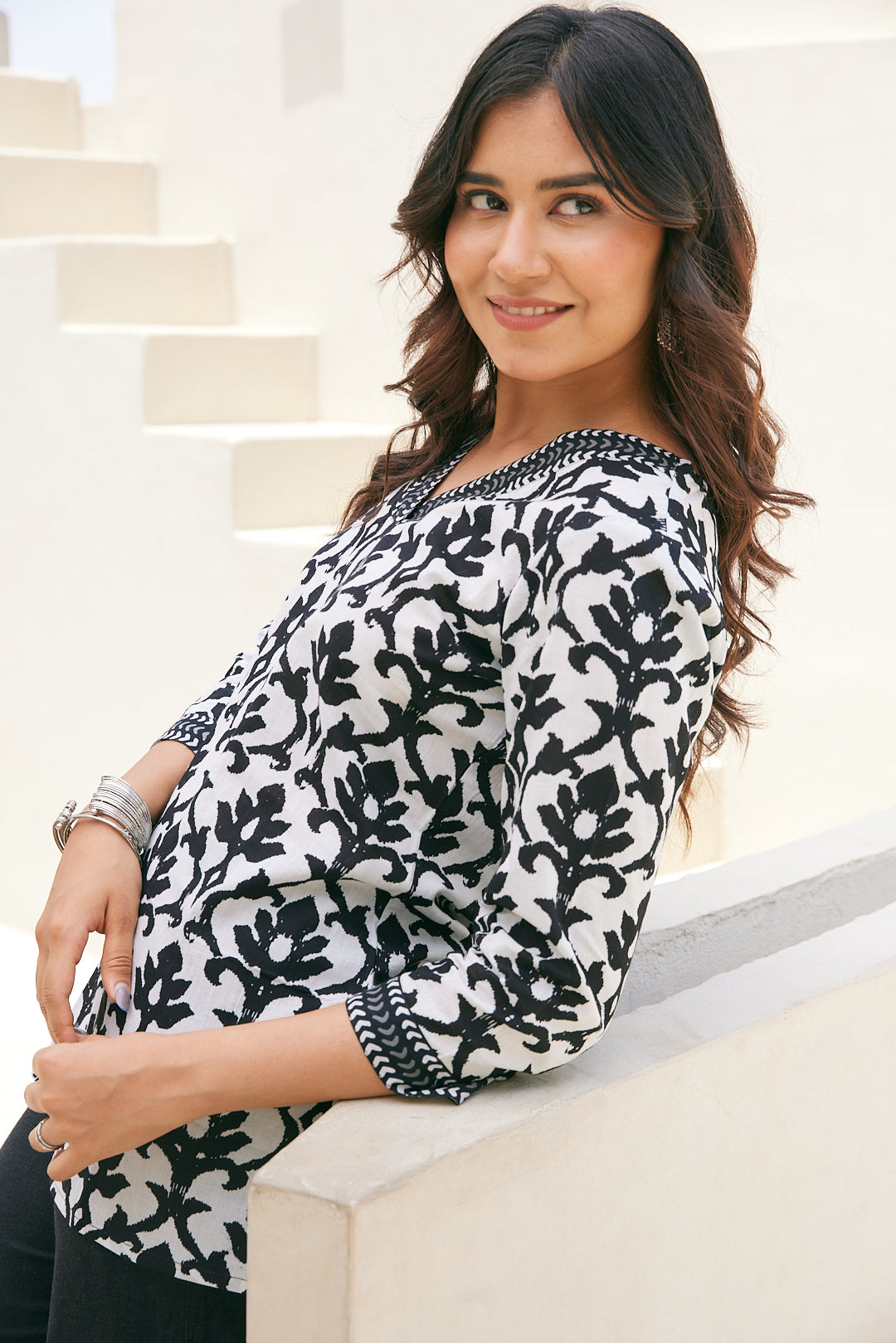 Cotton Black Floral Short Kurti