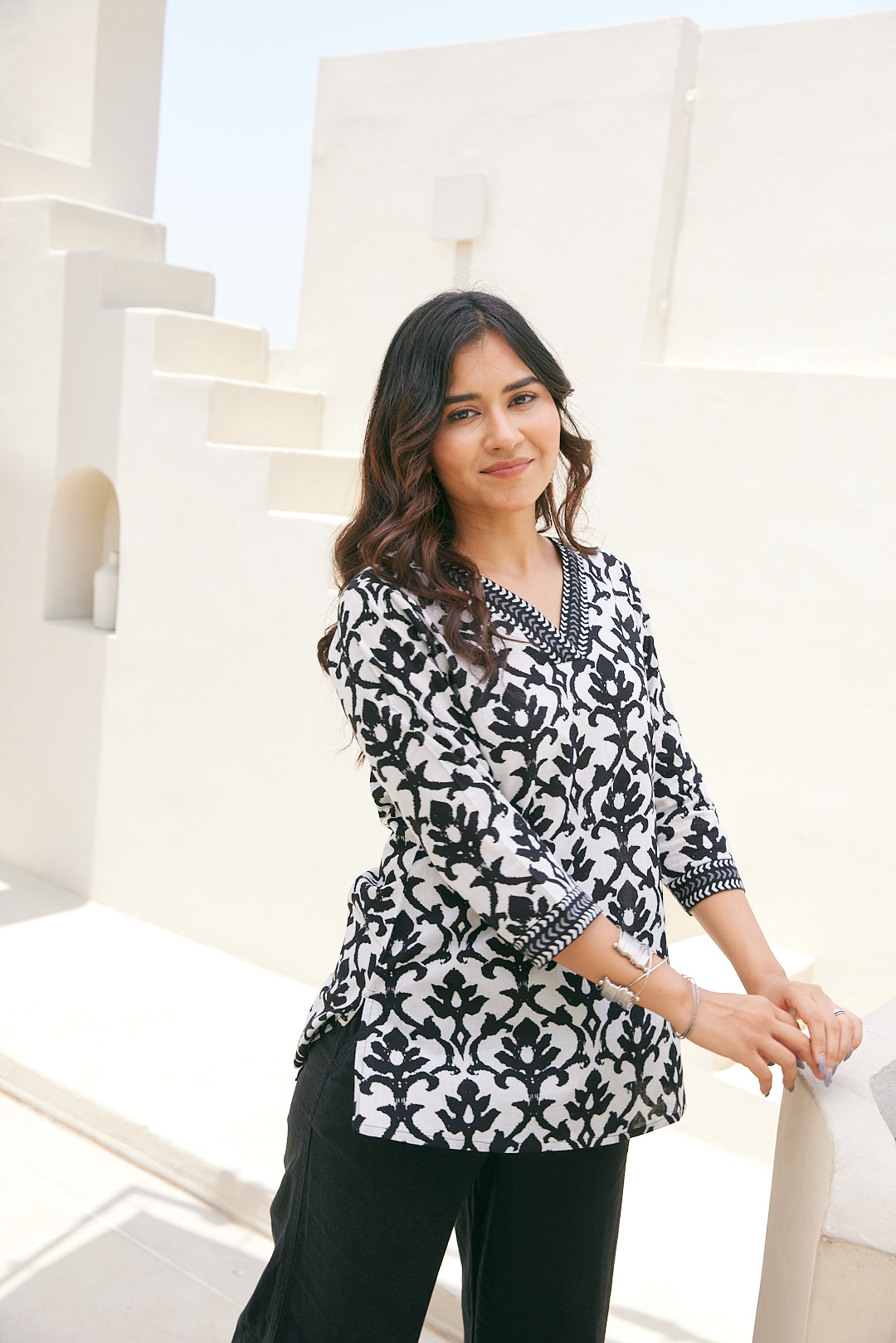 Cotton Black Floral Short Kurti