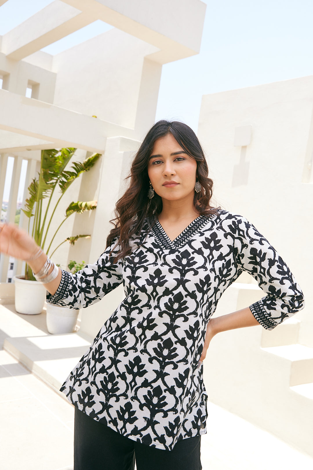 Cotton Black Floral Short Kurti