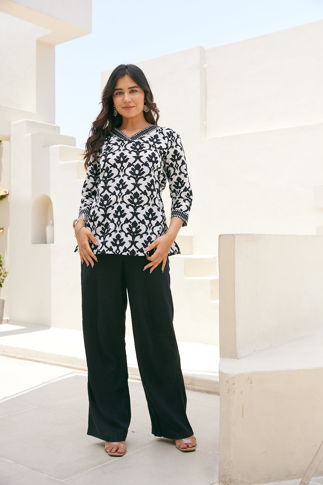Cotton Black Floral Short Kurti