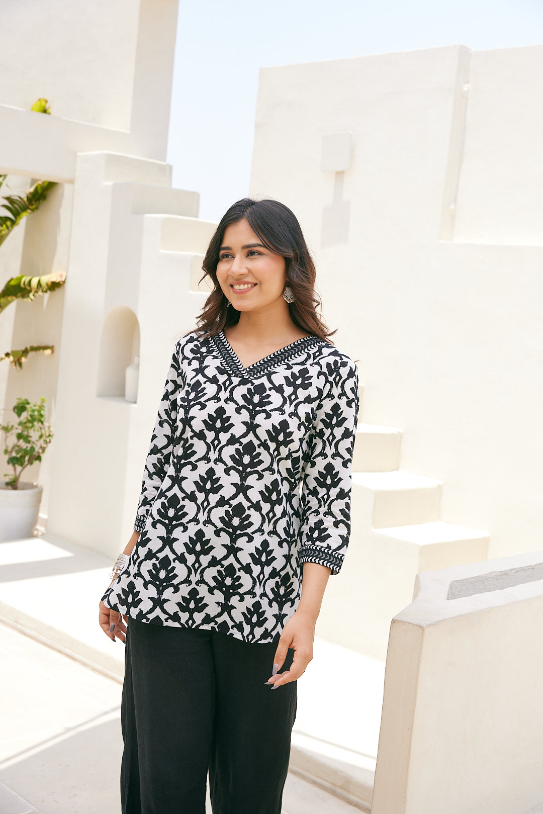 Cotton Black Floral Short Kurti