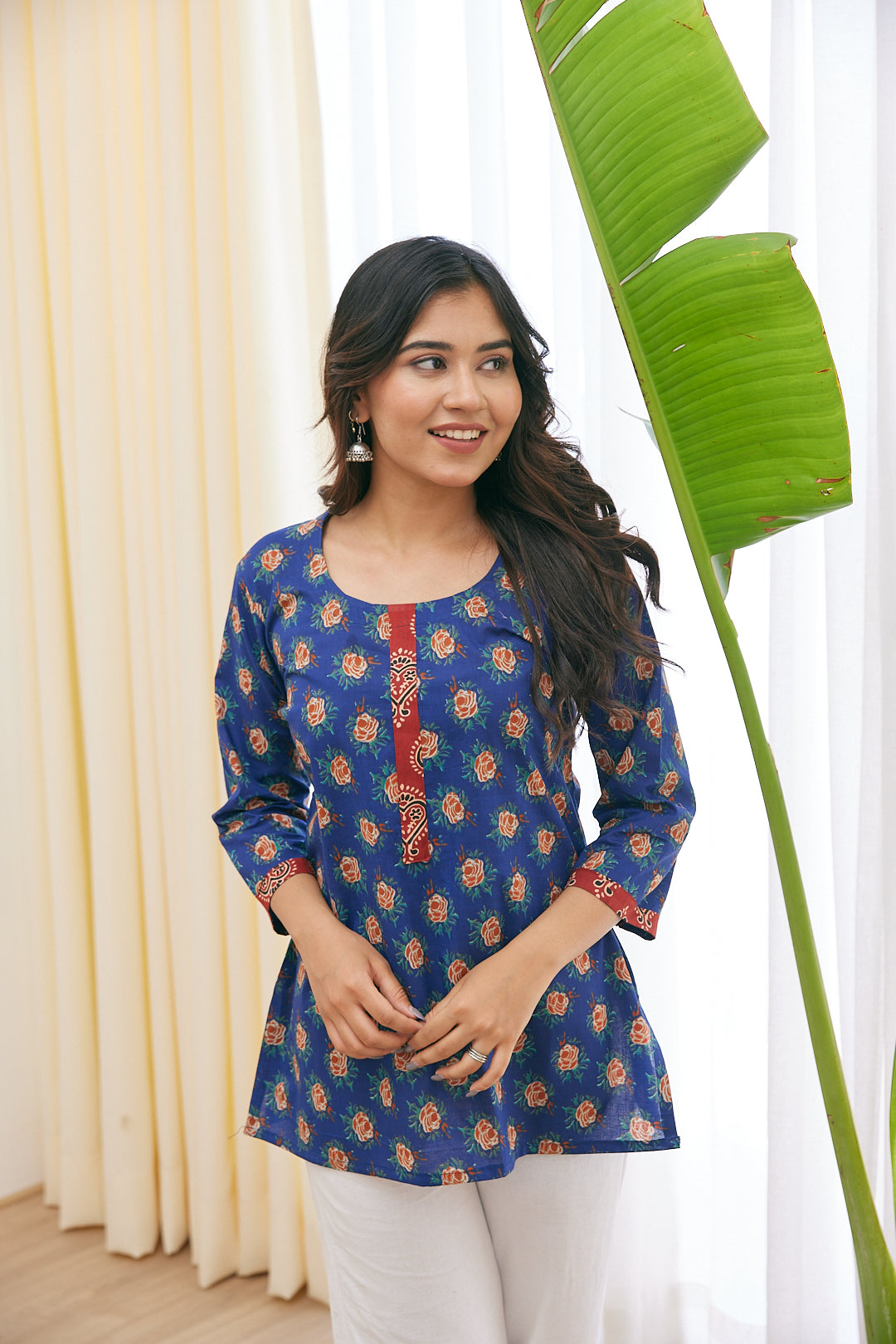 Cotton Blue Floral Magic Short Kurti