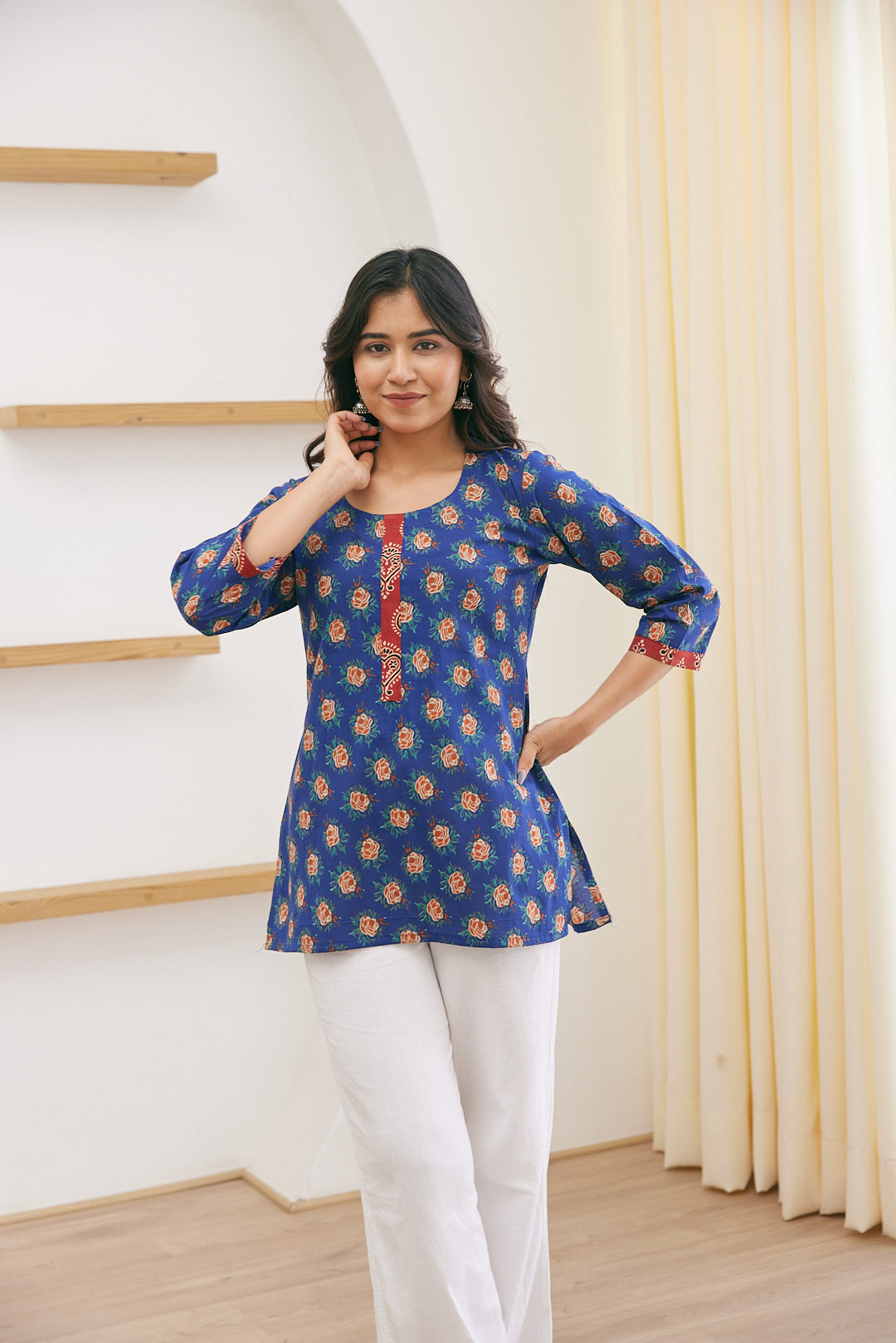Cotton Blue Floral Magic Short Kurti