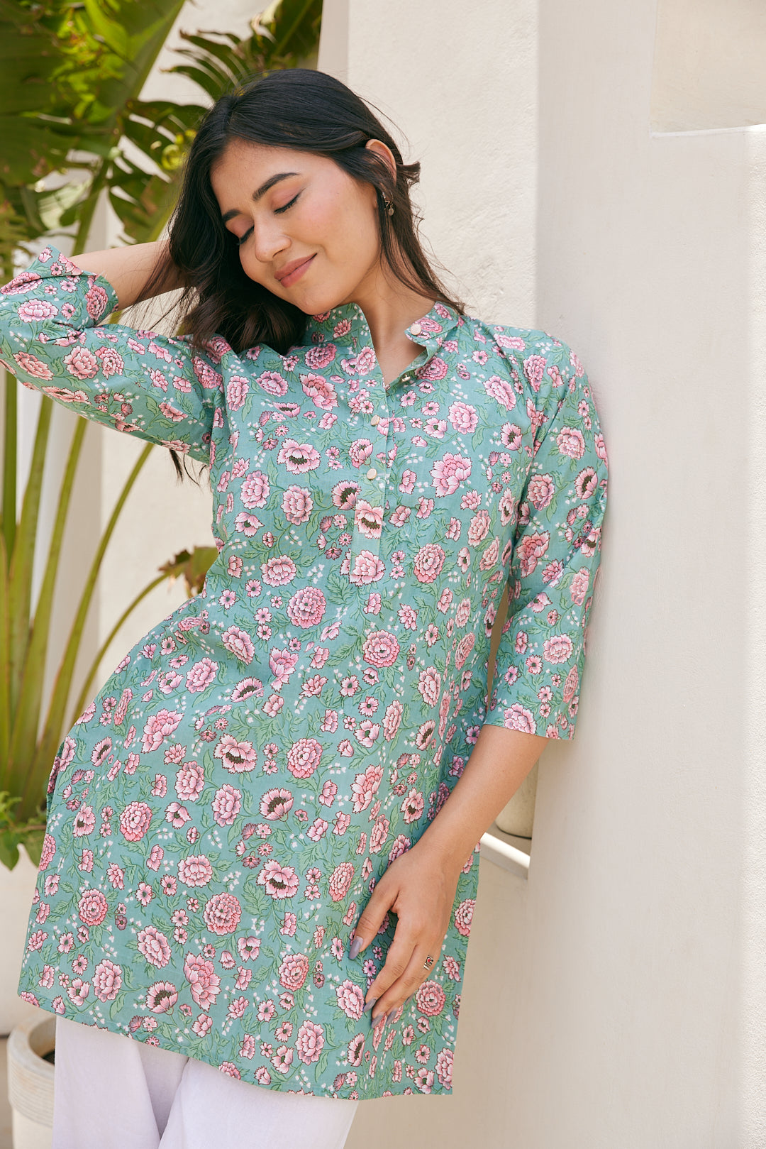 Cotton Green-Pink Floral Short Kurti