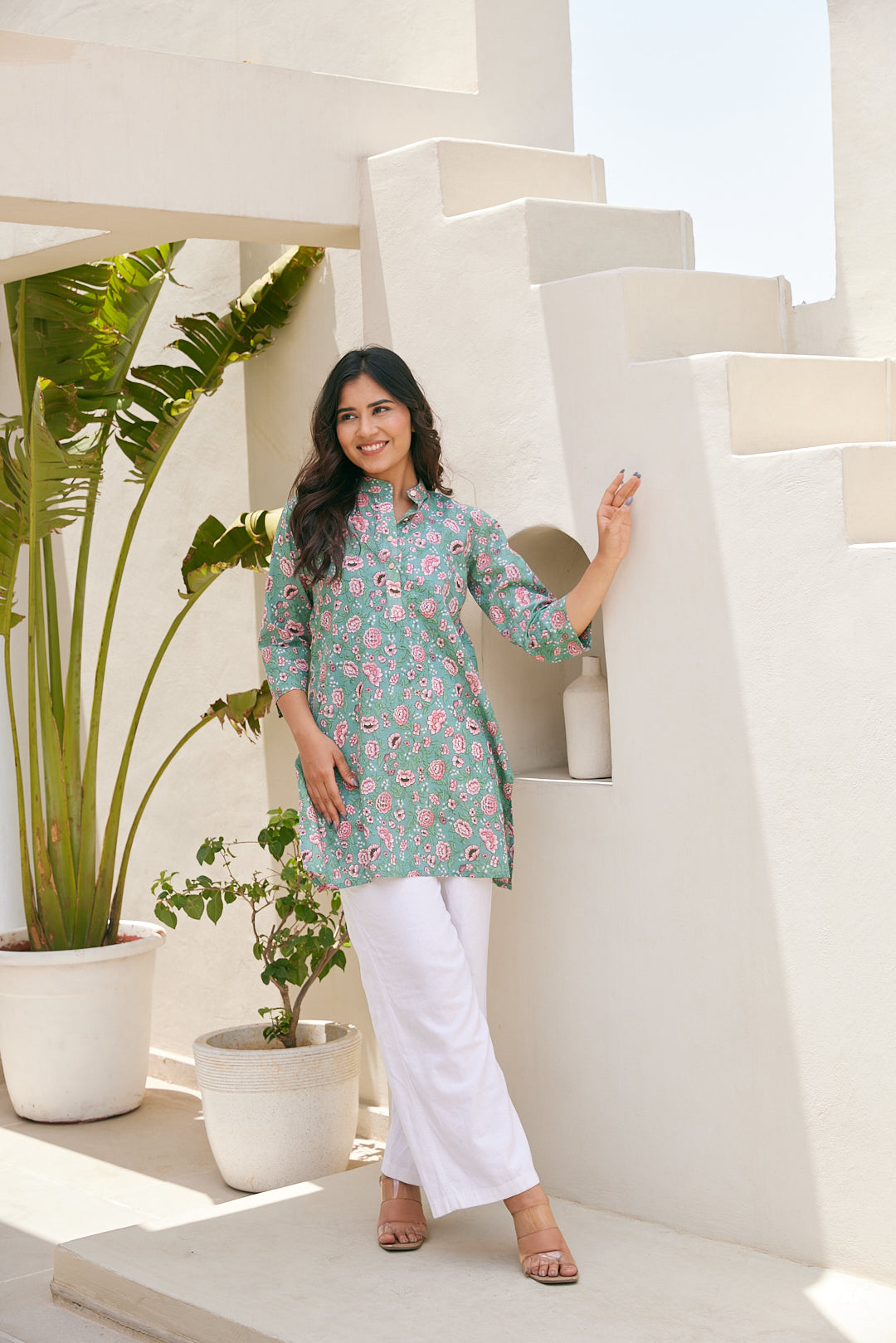 Cotton Green-Pink Floral Short Kurti