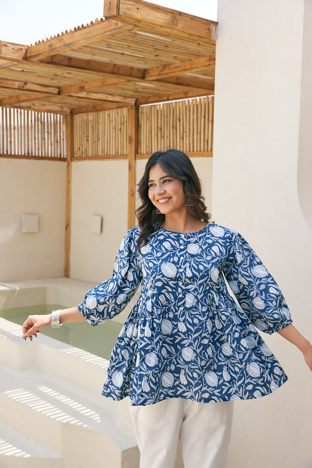 Cotton Blue Leaf Floral Short Kurti