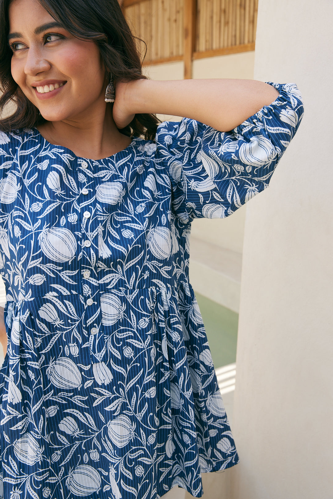 Cotton Blue Leaf Floral Short Kurti
