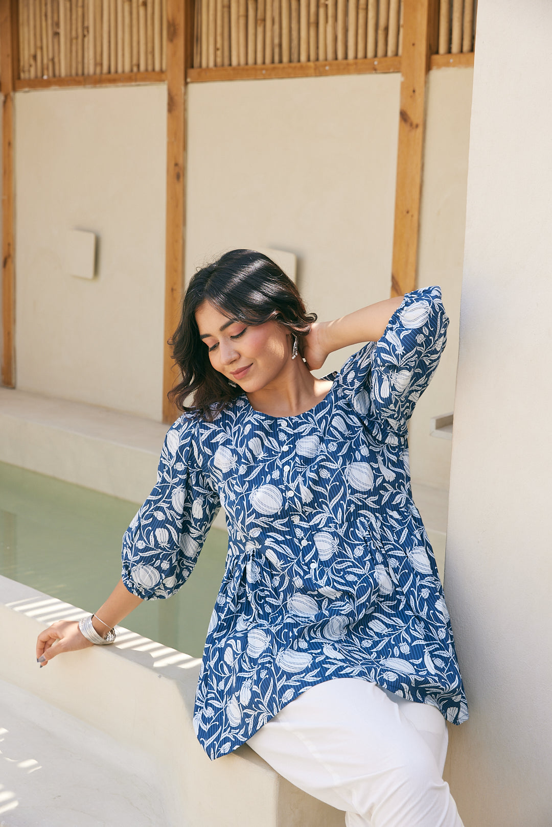 Cotton Blue Leaf Floral Short Kurti