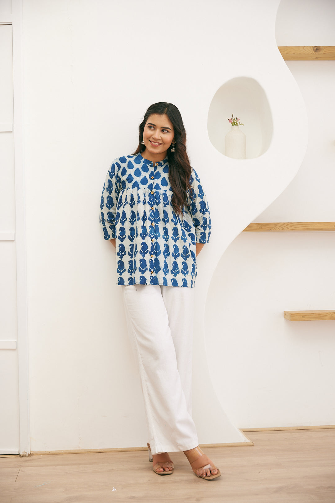 Indigo Bloom Hand Block Print Cotton Top for Women