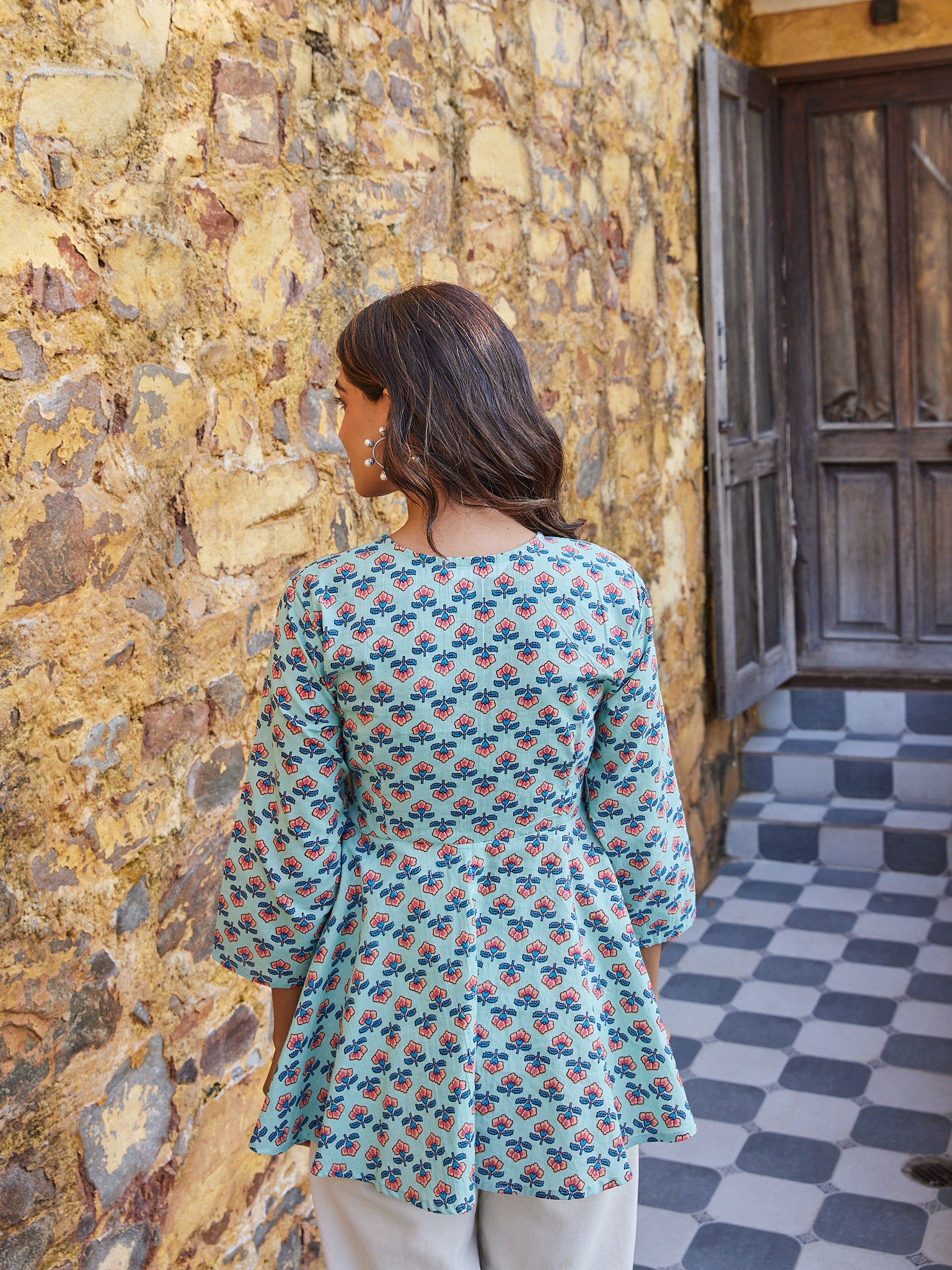 Cotton Greenish Blue Orange Floral Short Kurti