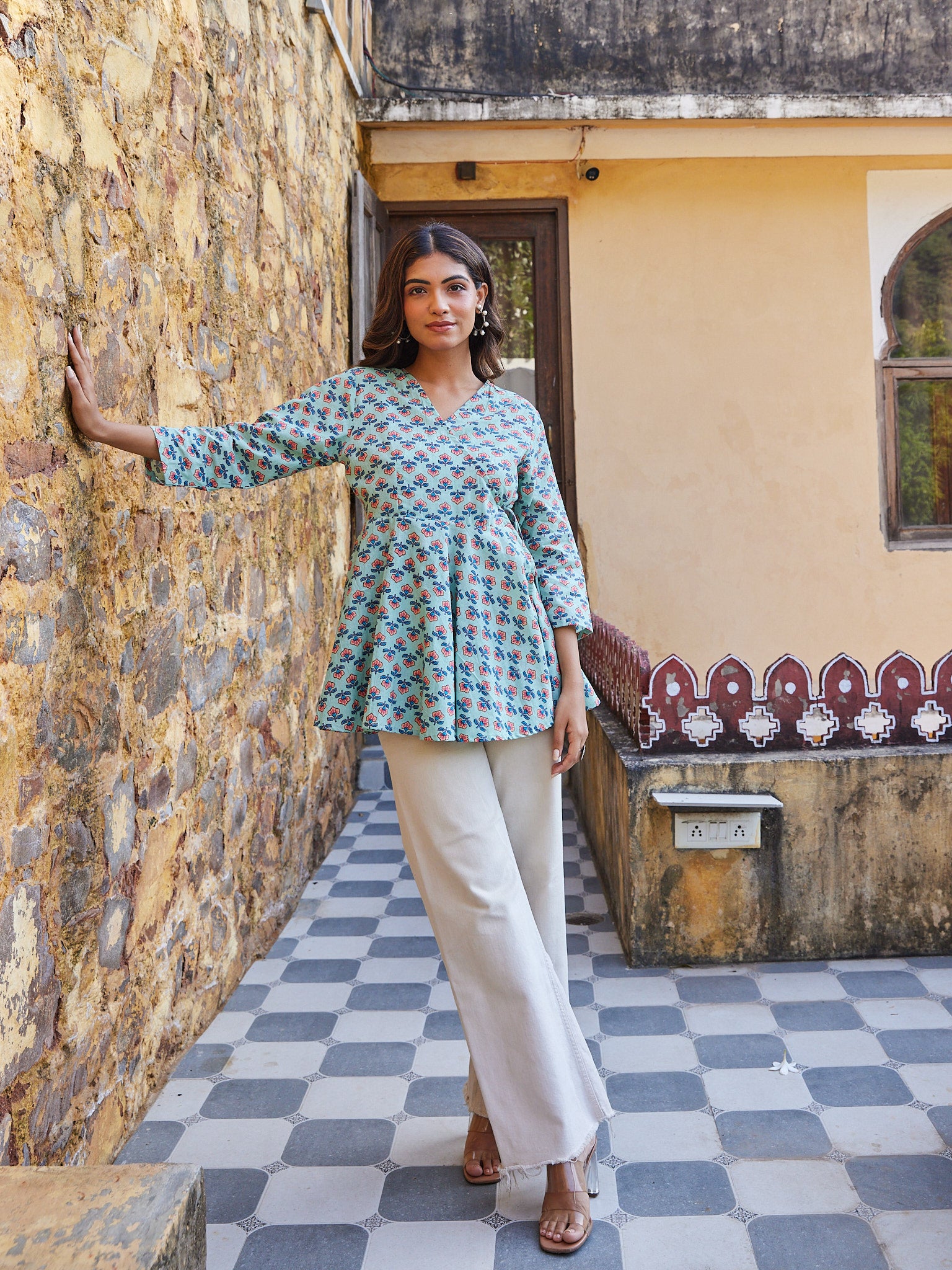 Cotton Greenish Blue Orange Floral Short Kurti