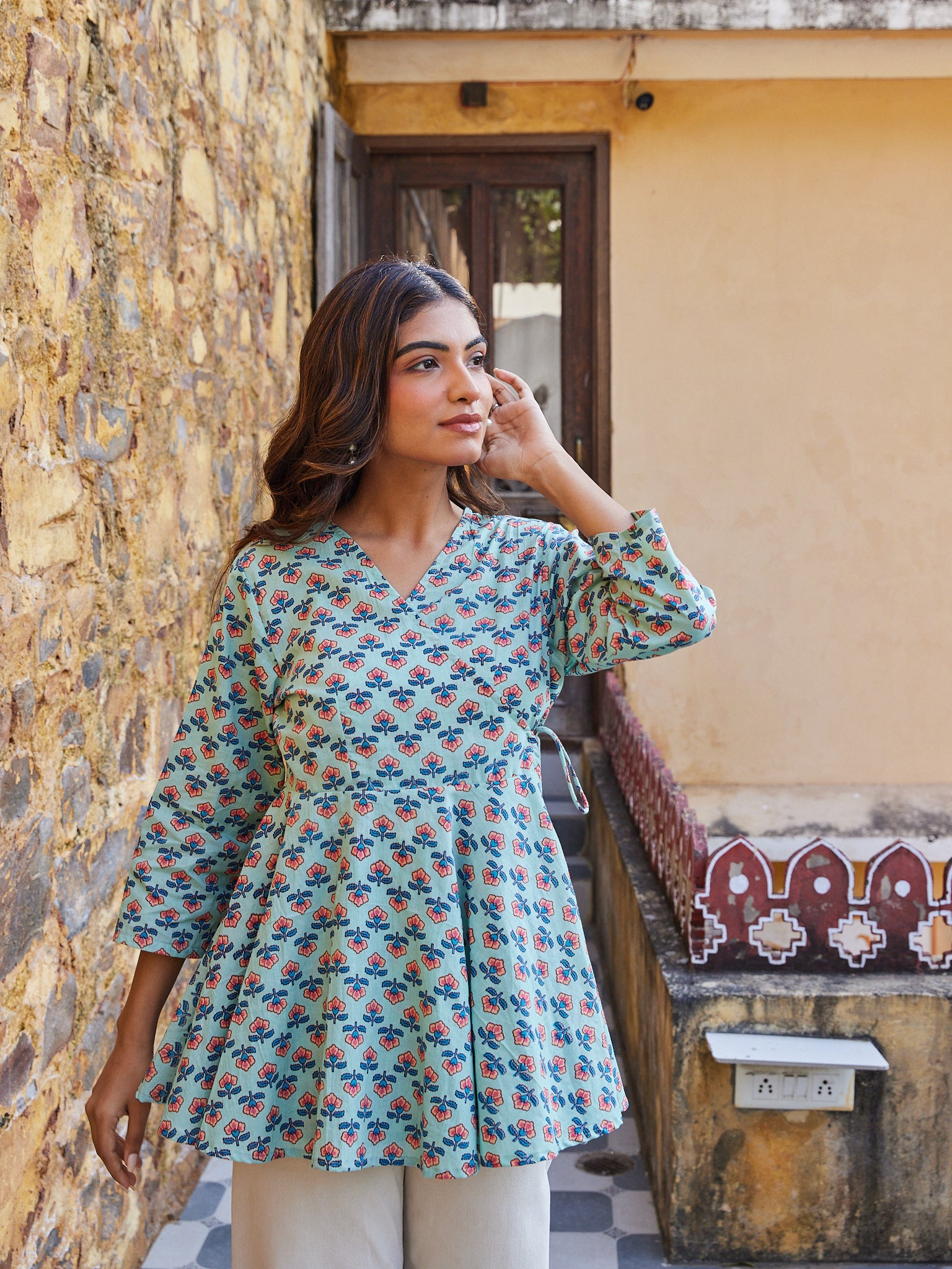 Cotton Greenish Blue Orange Floral Short Kurti