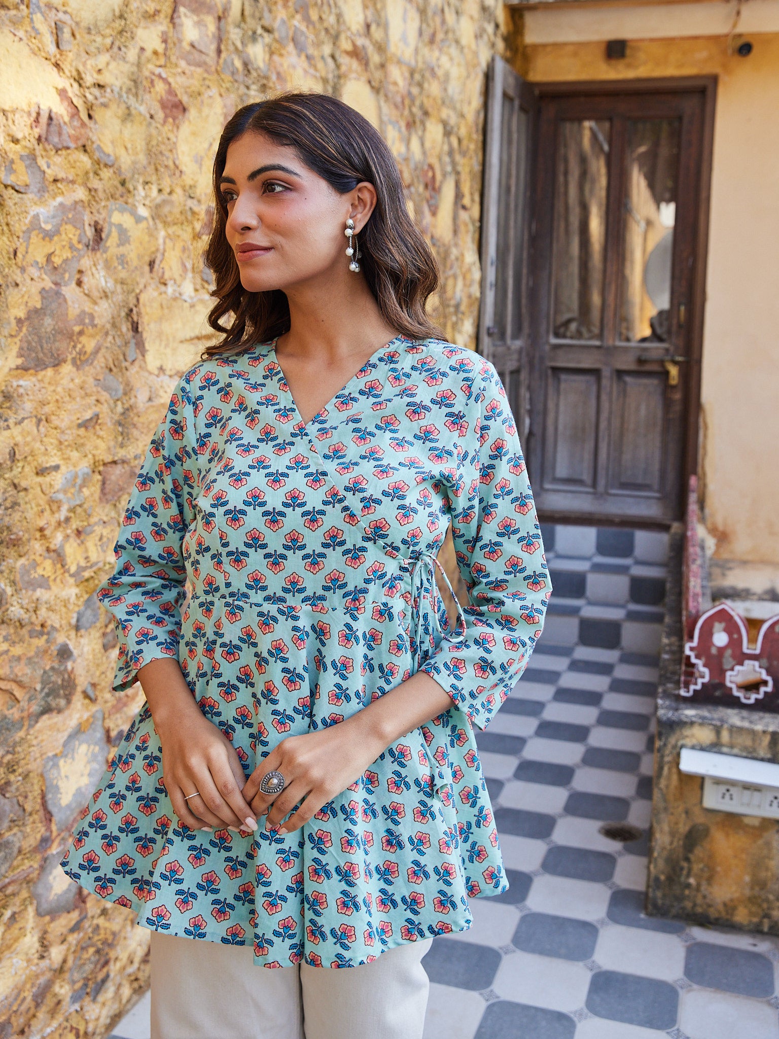 Cotton Greenish Blue Orange Floral Short Kurti