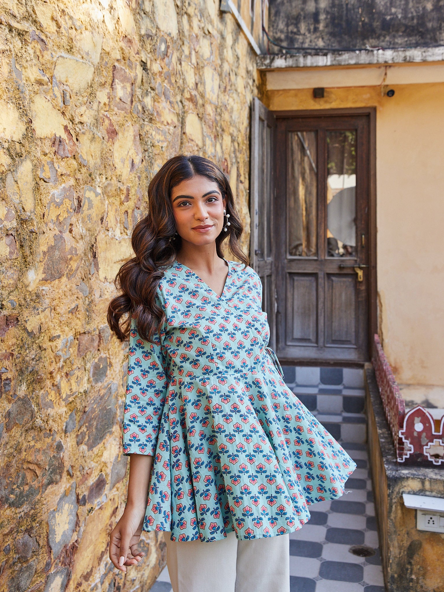 Cotton Greenish Blue Orange Floral Short Kurti