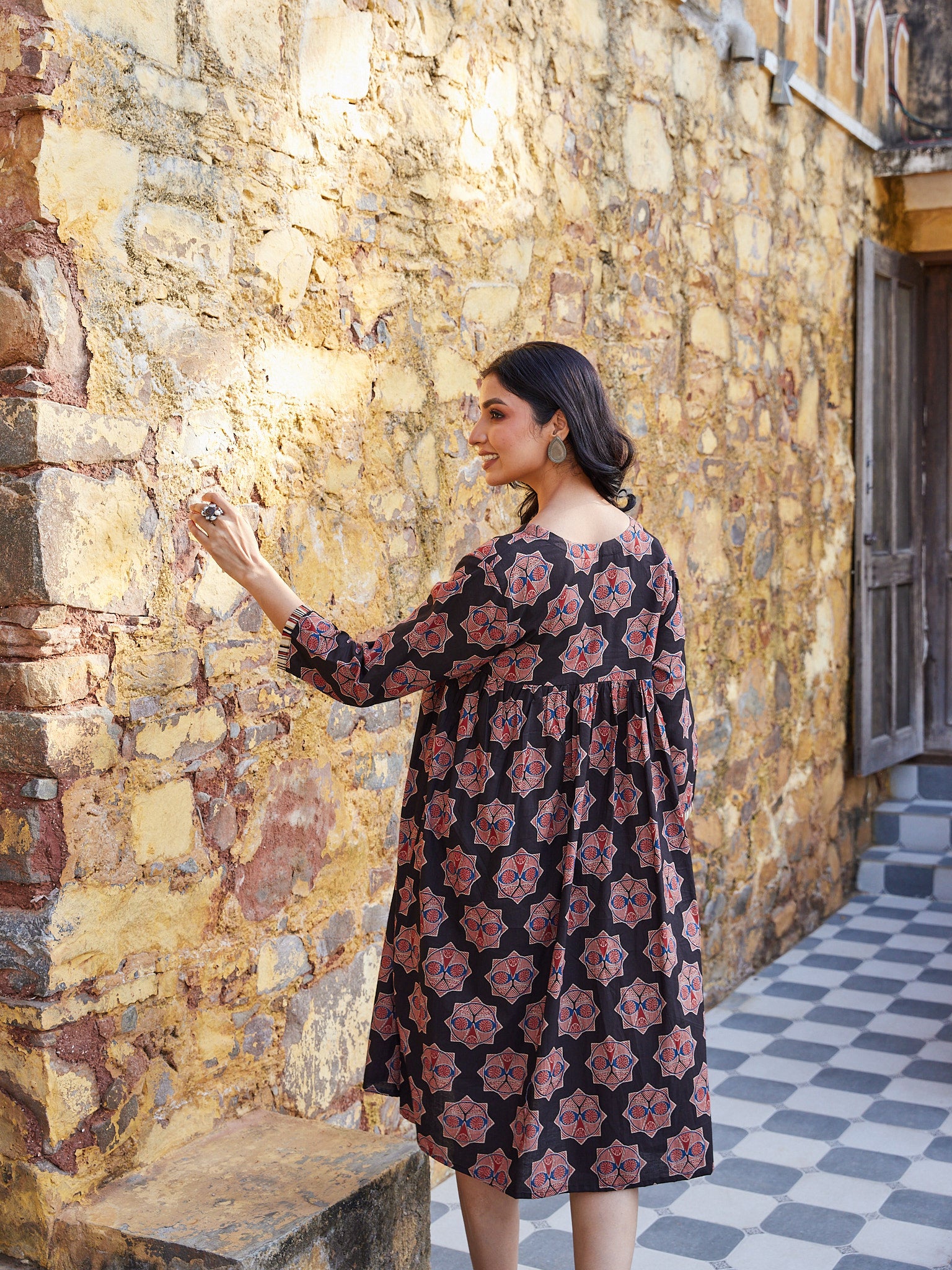 Cotton Black Red Geometric Short Kurti