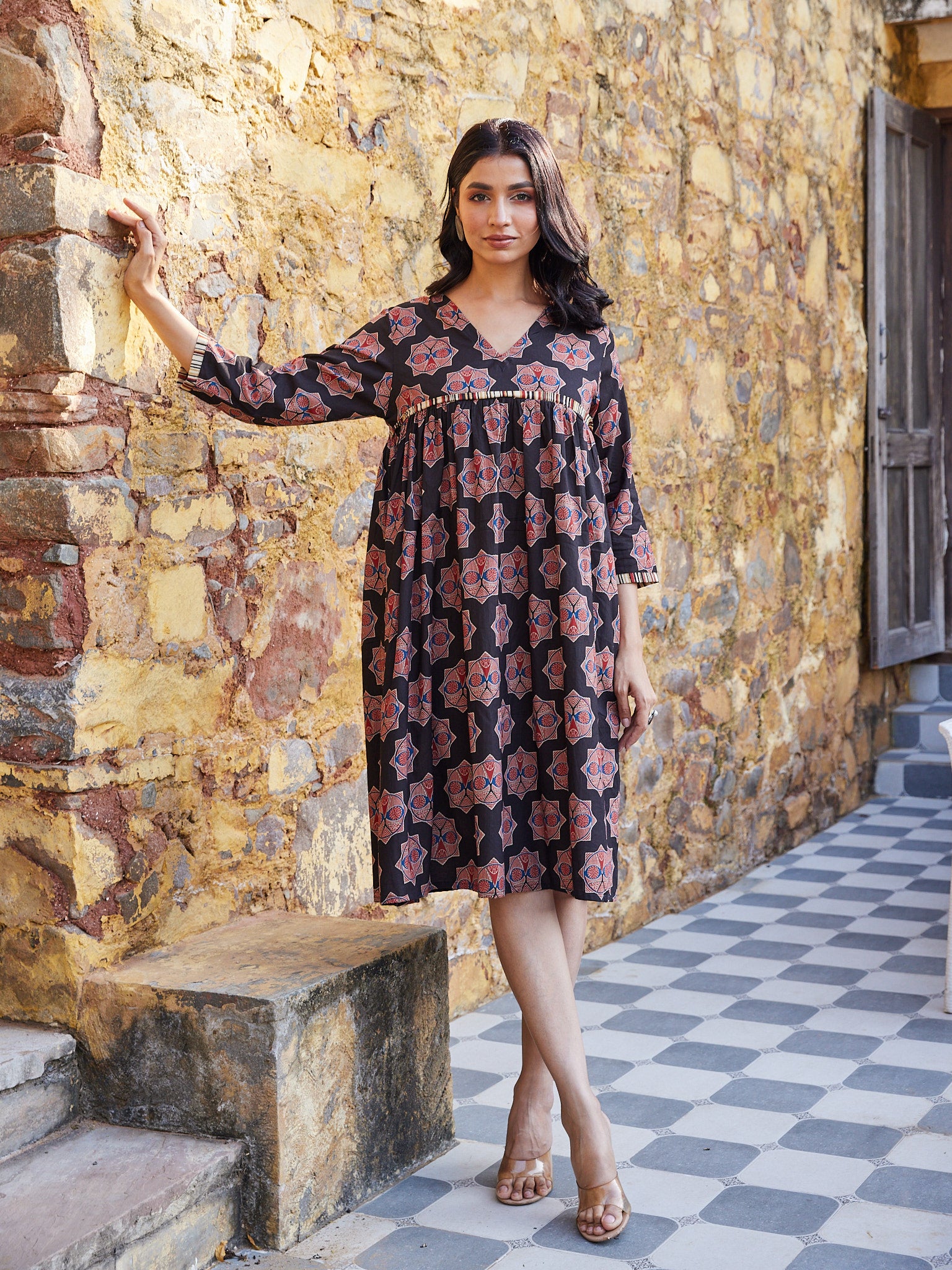 Cotton Black Red Geometric Short Kurti