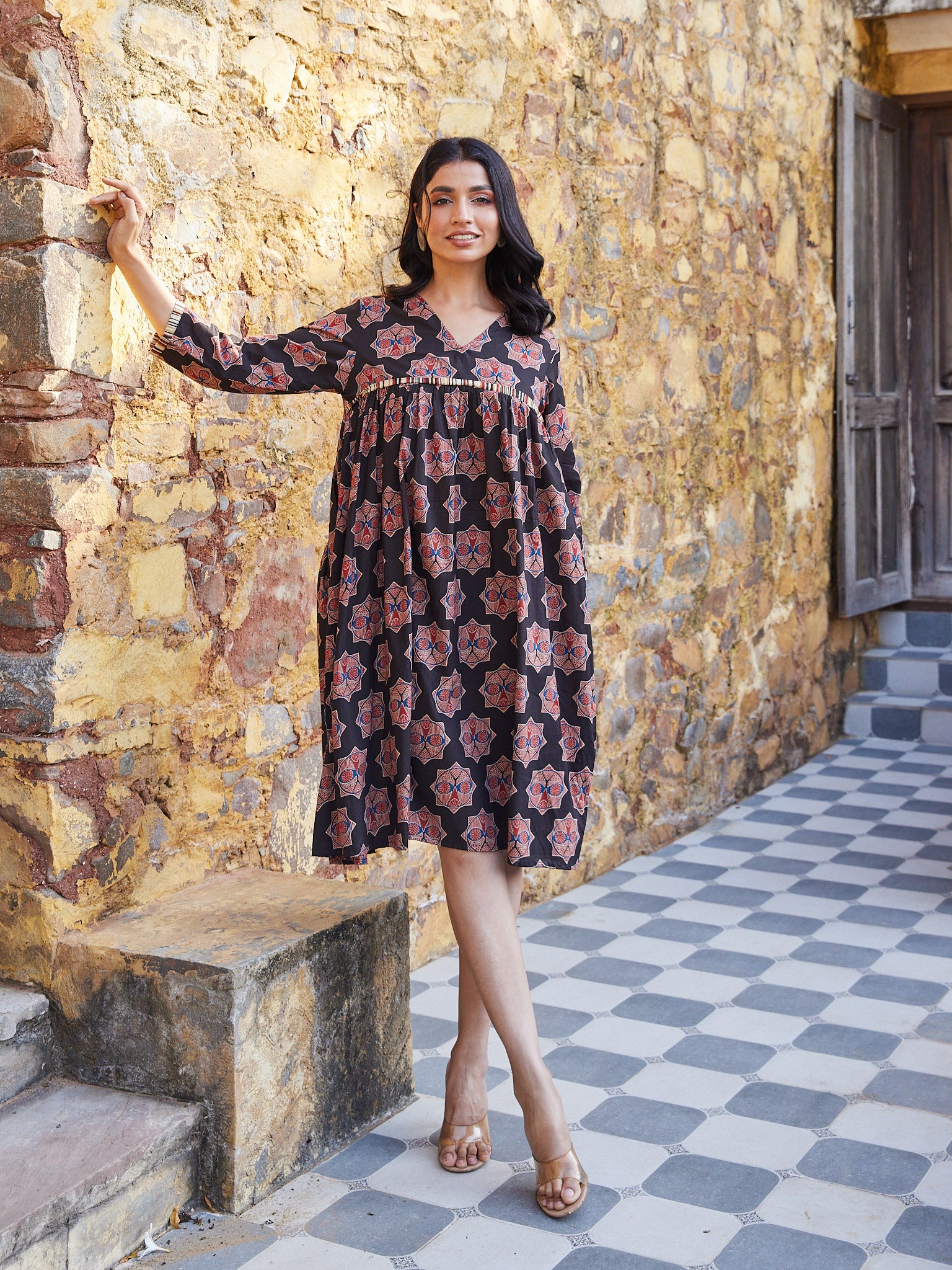 Cotton Black Red Geometric Short Kurti