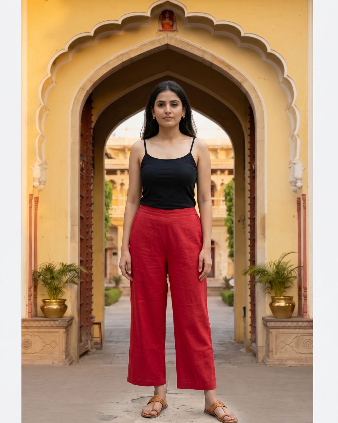 Cotton Red Women Straight Pant