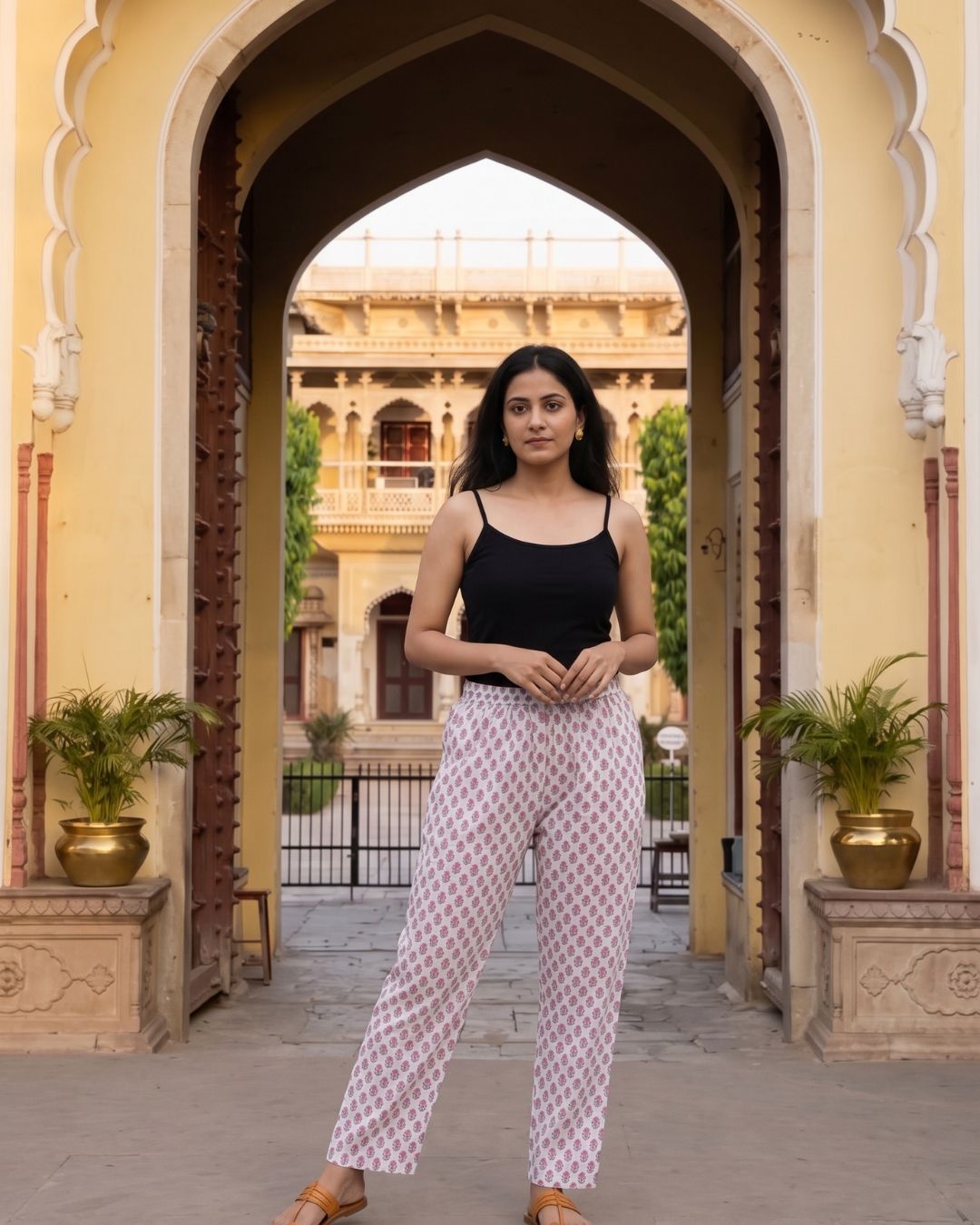 Cotton White Pink Floral Women Straight Pant