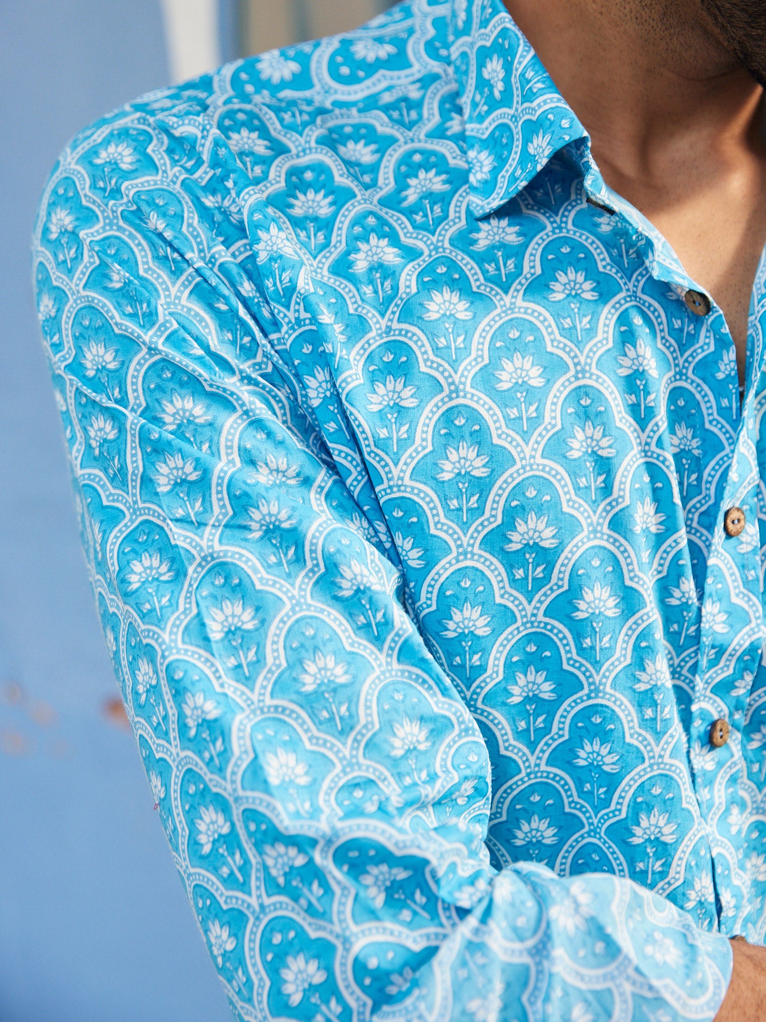 Cotton Men's Fullsleeves Shirt Light Blue-White Floral