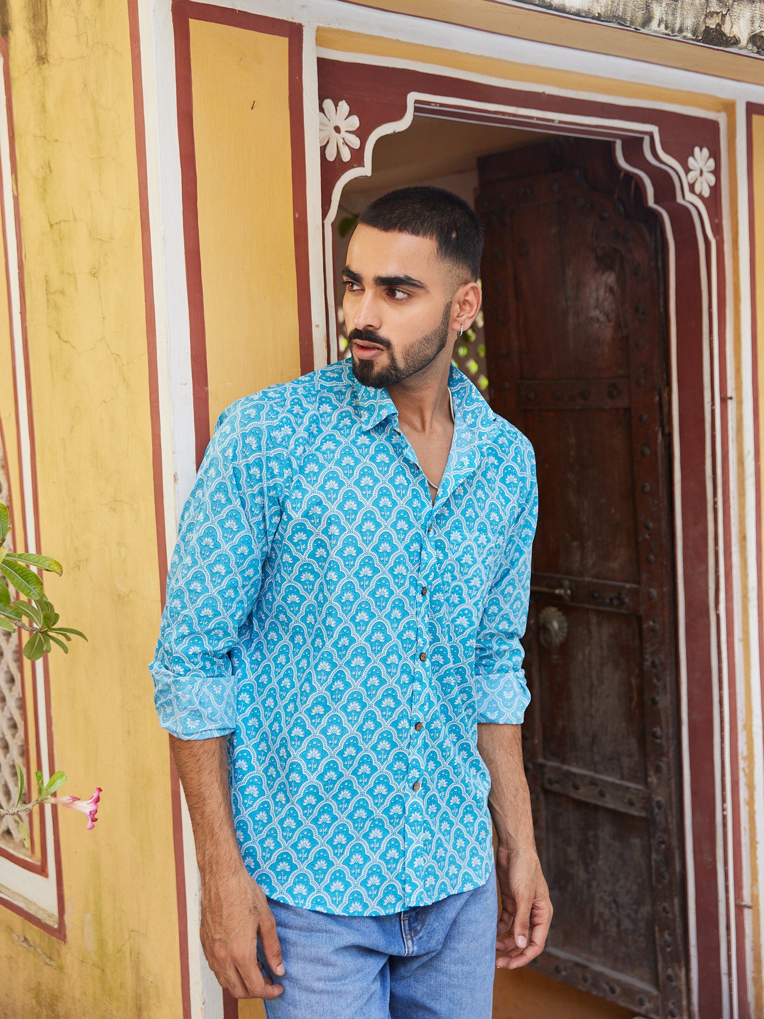 Cotton Men's Fullsleeves Shirt Light Blue-White Floral