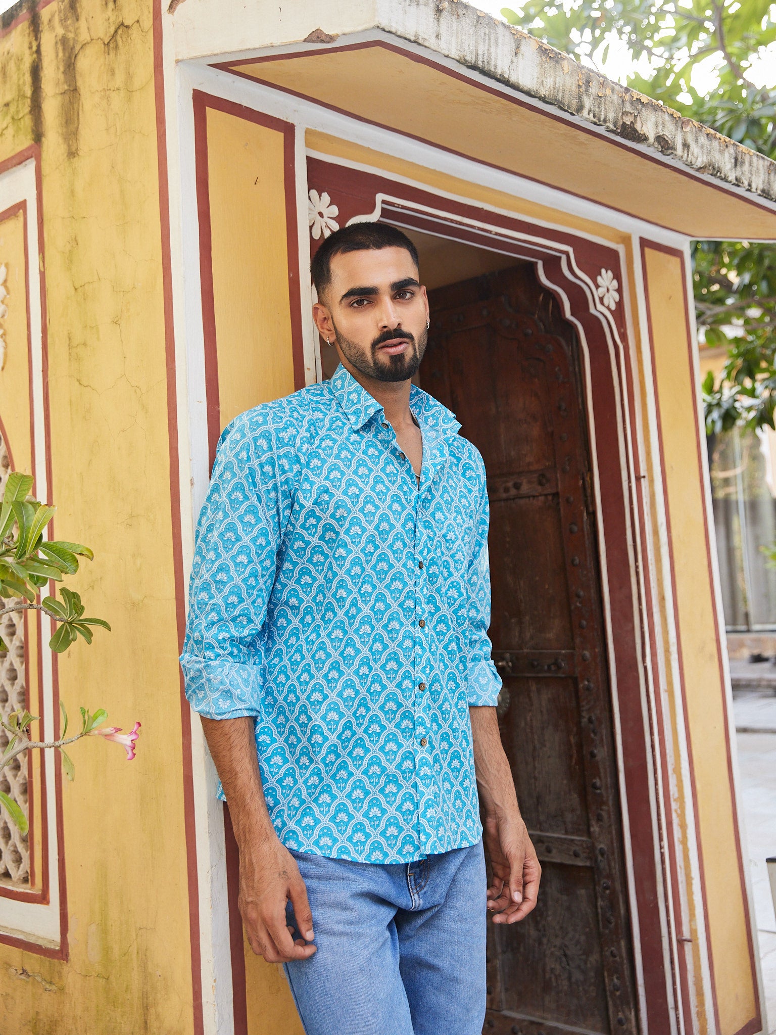 Cotton Men's Fullsleeves Shirt Light Blue-White Floral