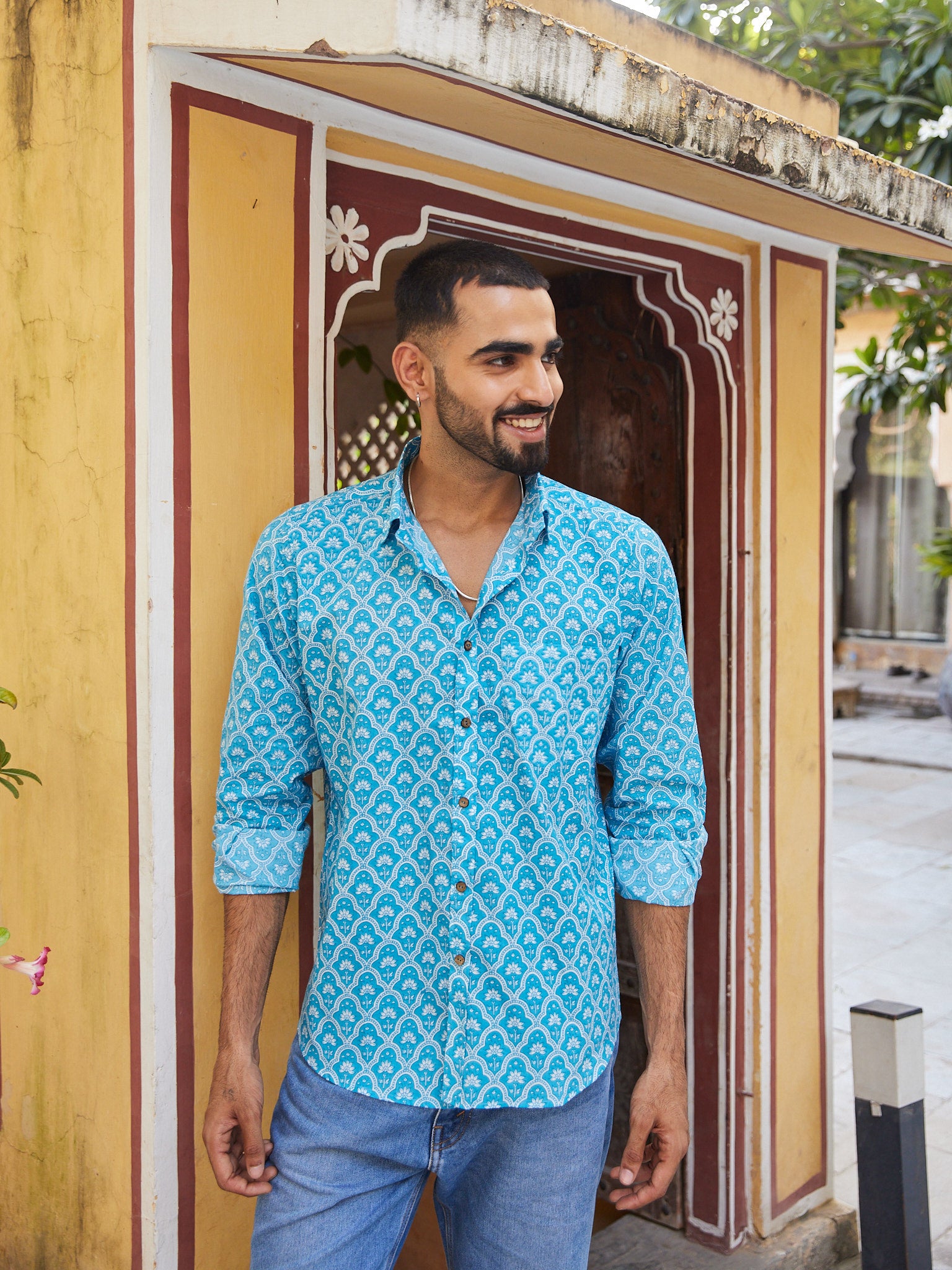 Cotton Men's Fullsleeves Shirt Light Blue-White Floral