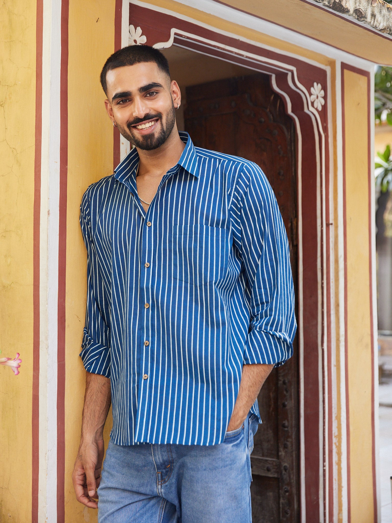 Cotton Men's Blue-White Stripes Full Sleeves Shirt