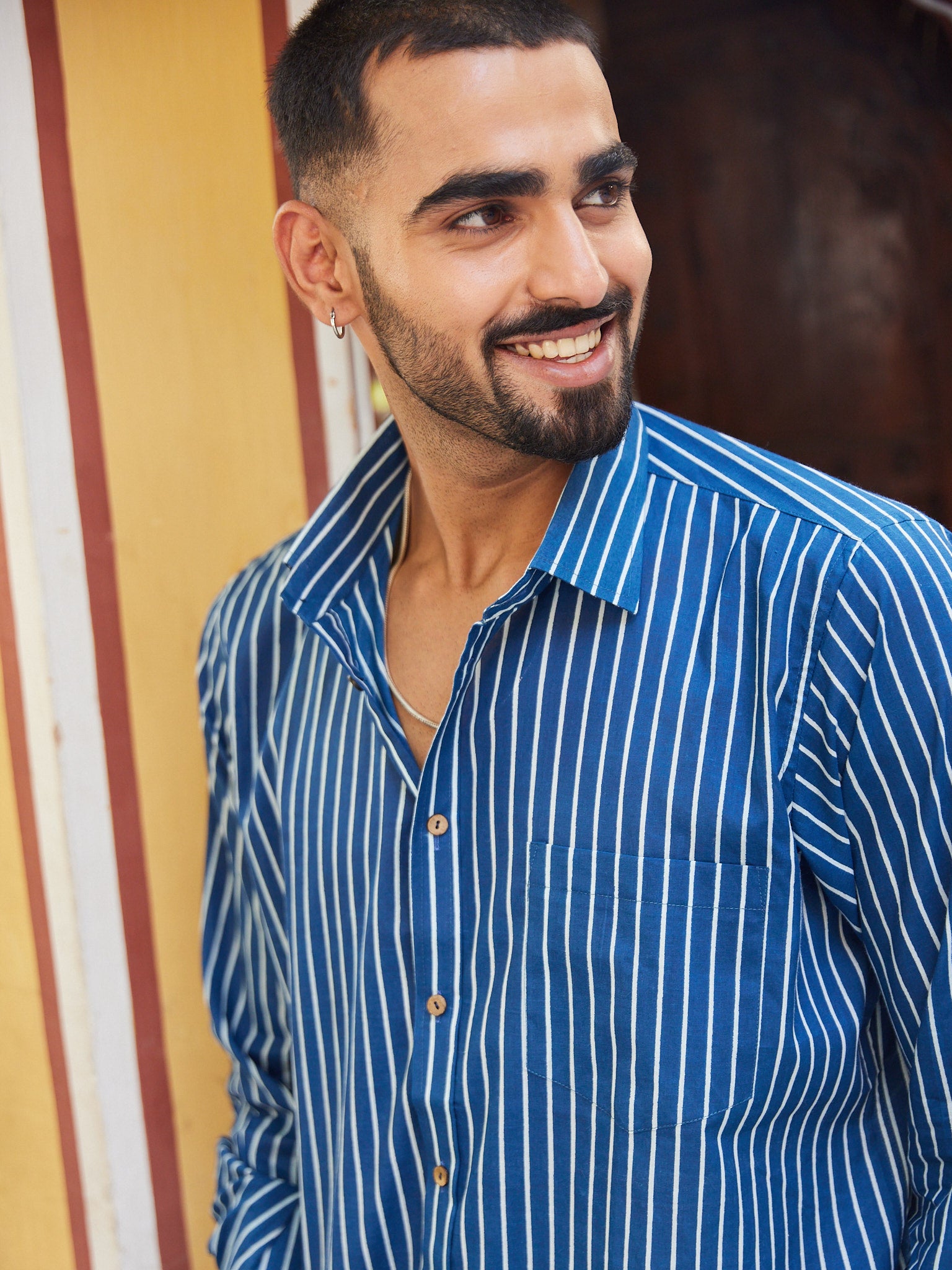 Cotton Men's Blue-White Stripes Full Sleeves Shirt