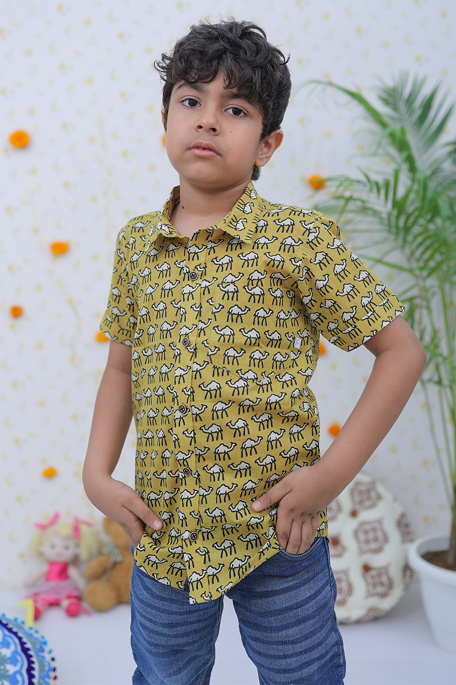 Cotton Brown Camel Print Boy's Shirt