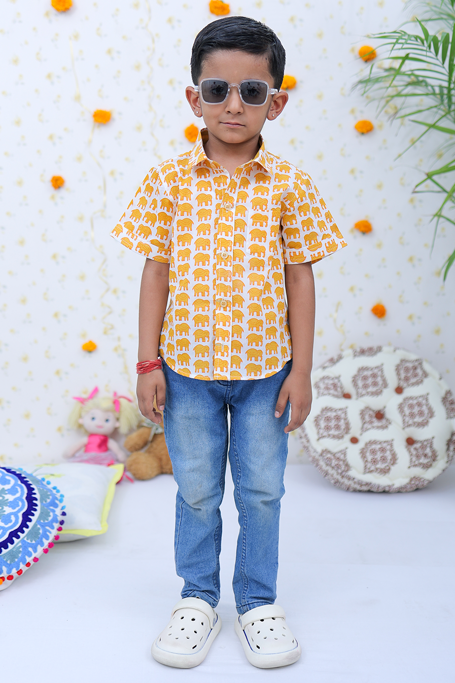 Cotton Mustard Elephant Boy's Shirt