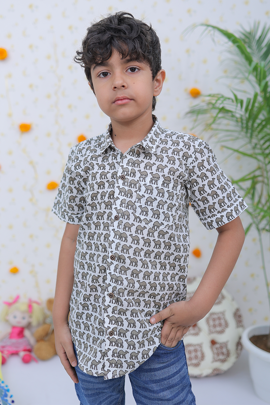 Cotton White-Grey Camel Print Boy's Shirt