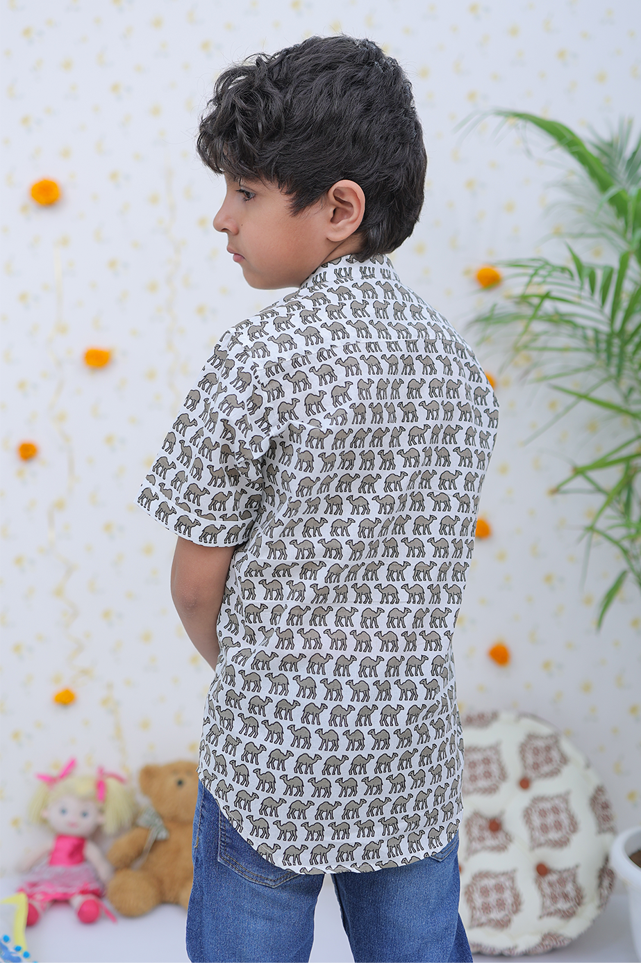 Cotton White-Grey Camel Print Boy's Shirt