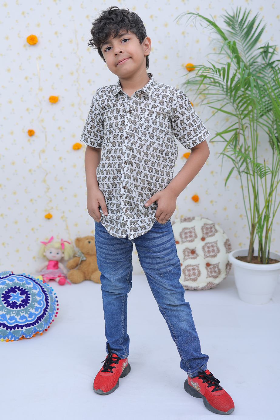 Cotton White-Grey Camel Print Boy's Shirt