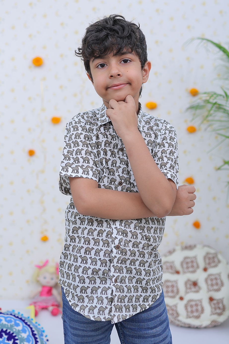 Cotton White-Grey Camel Print Boy's Shirt