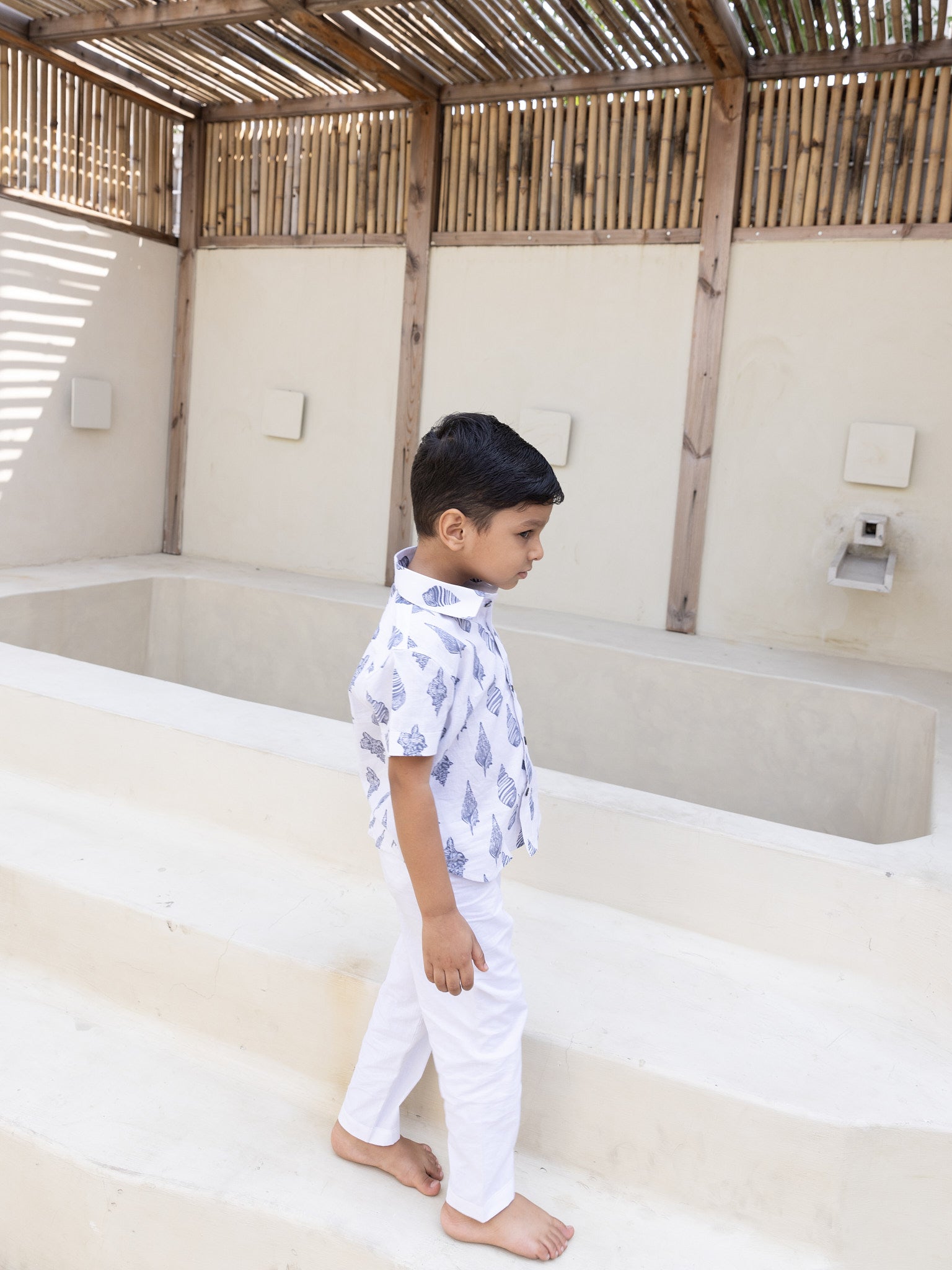 Cotton Grey-White Conch Boy Ethnic Shirt