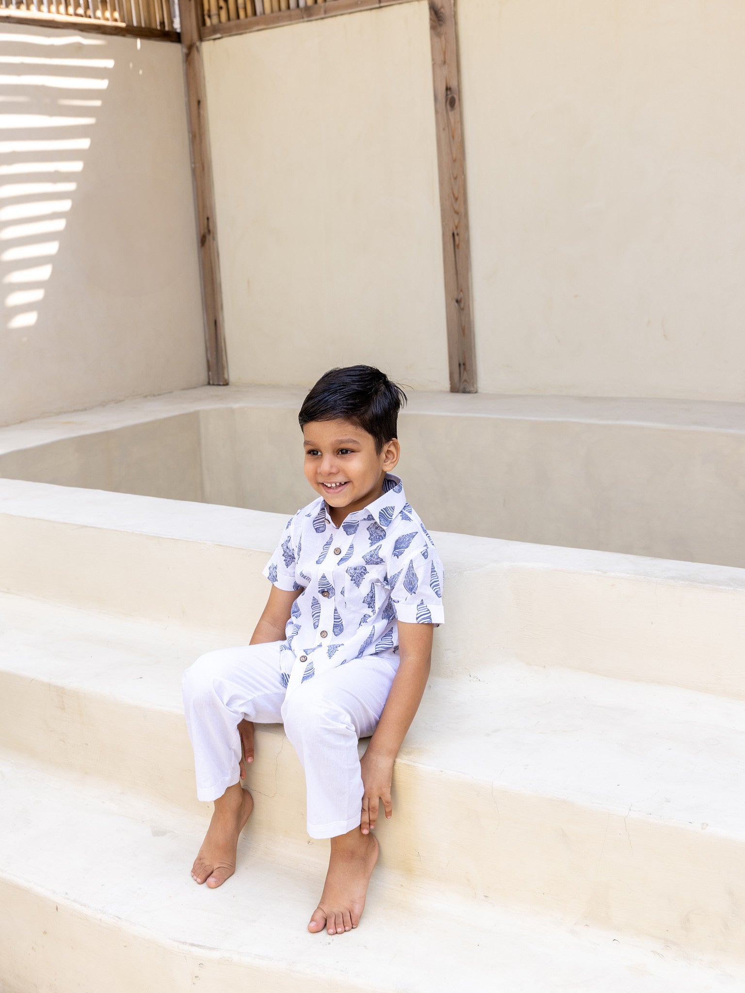 Cotton Grey-White Conch Boy Ethnic Shirt