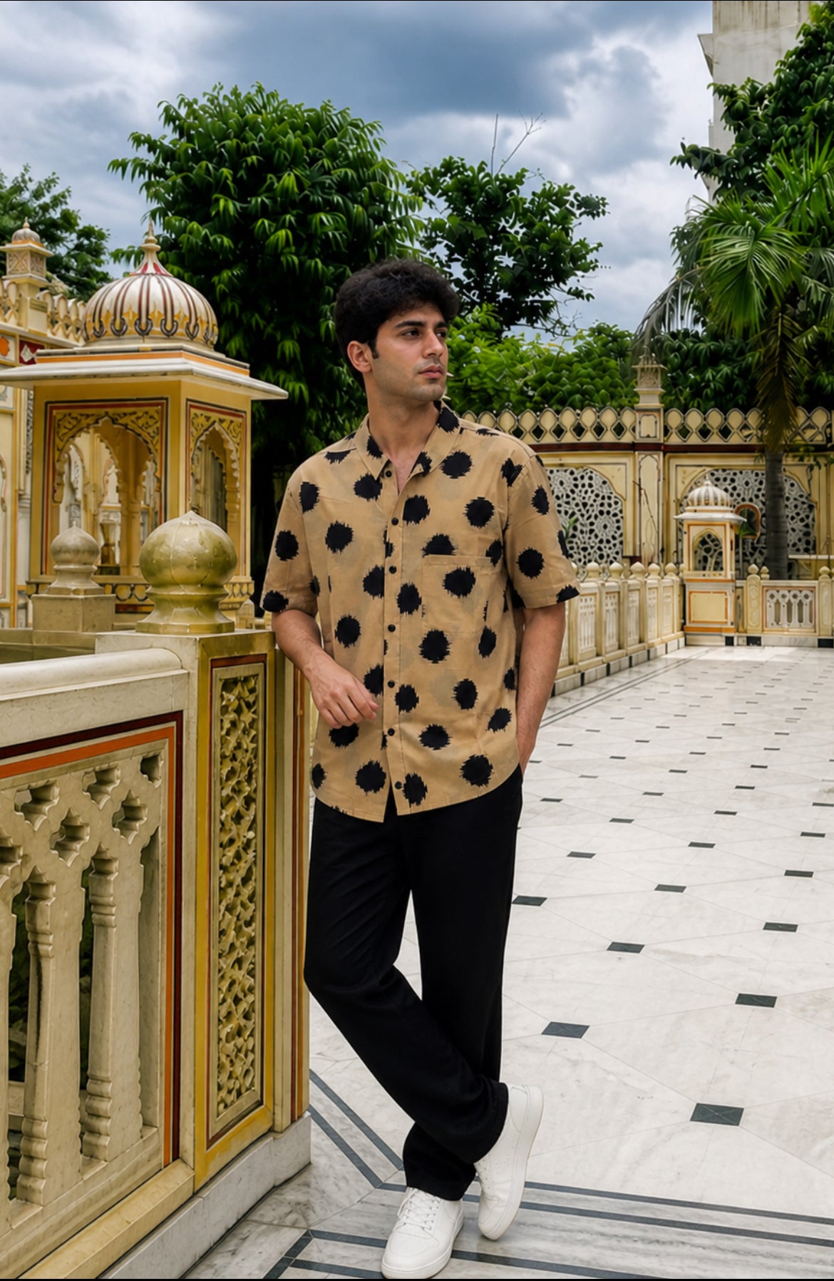 Cotton Men's Beige-Black Polka Half Sleeves Shirt