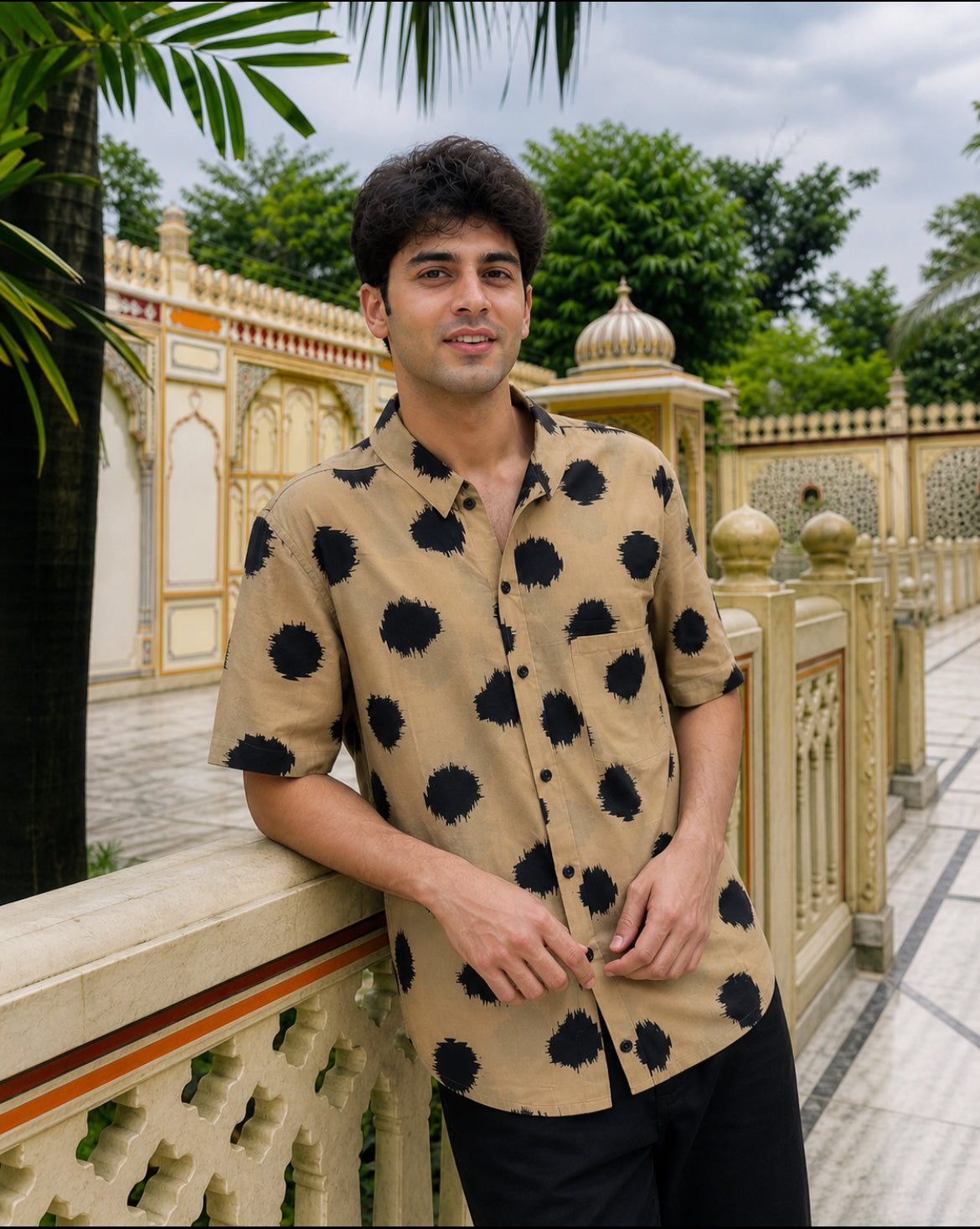 Cotton Men's Beige-Black Polka Half Sleeves Shirt