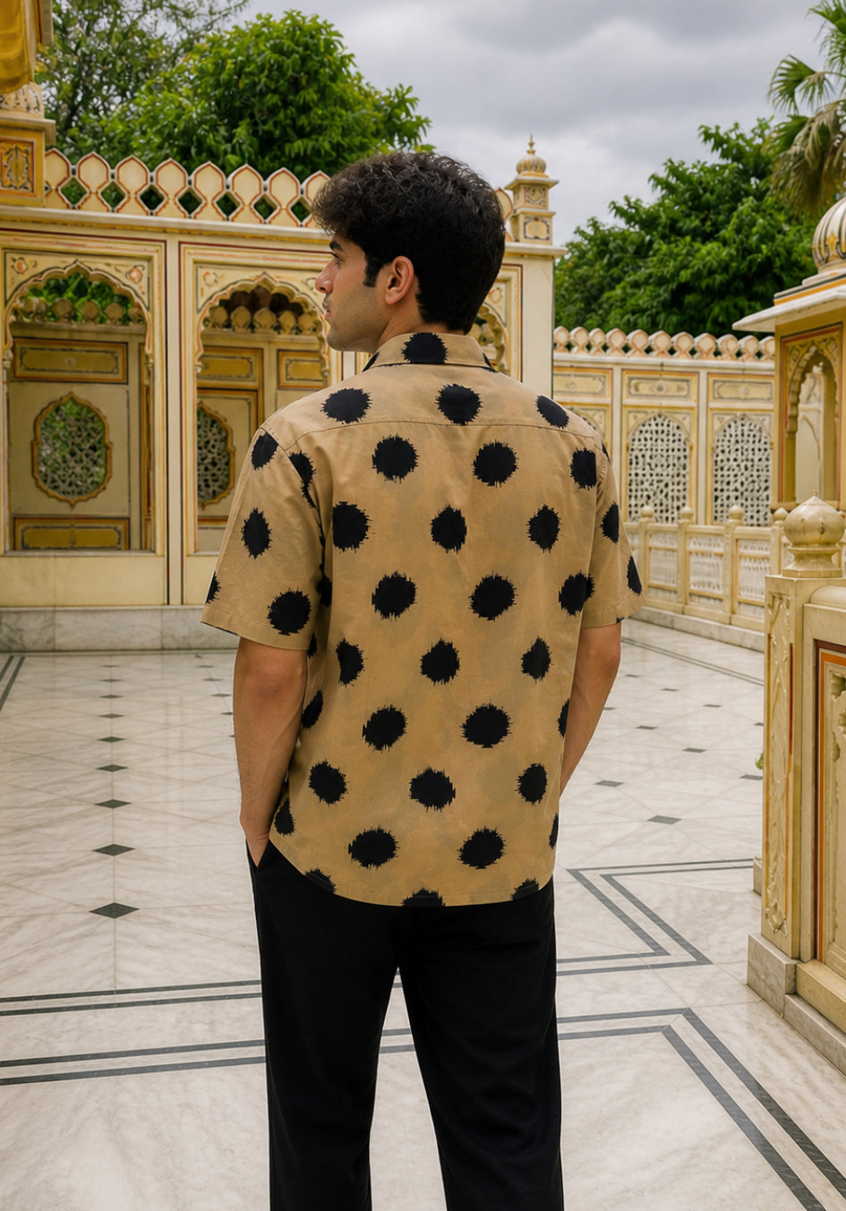 Cotton Men's Beige-Black Polka Half Sleeves Shirt
